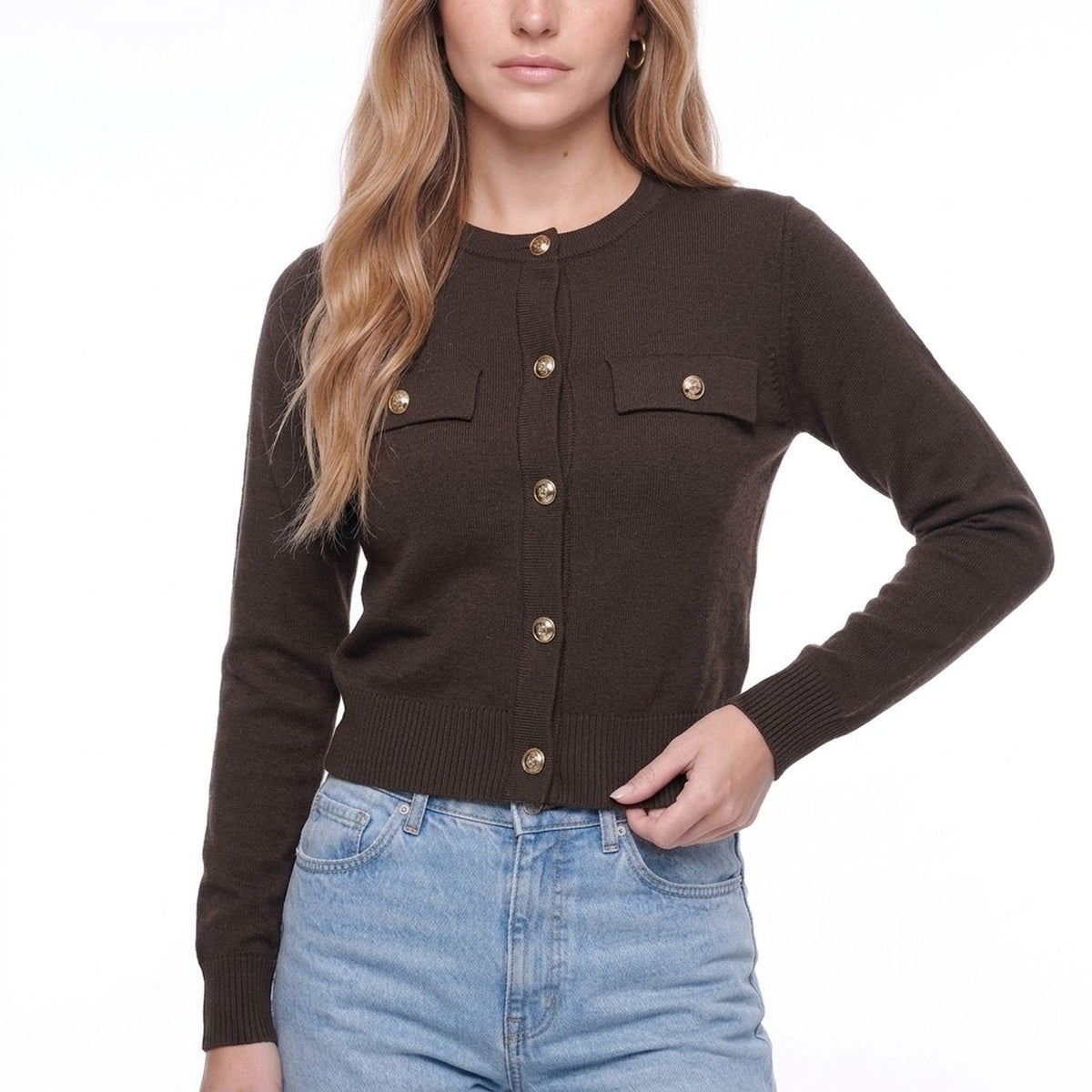 Coffee Brown Crew Neck Button Front Cardigan with Gold Buttons and Chest Pockets