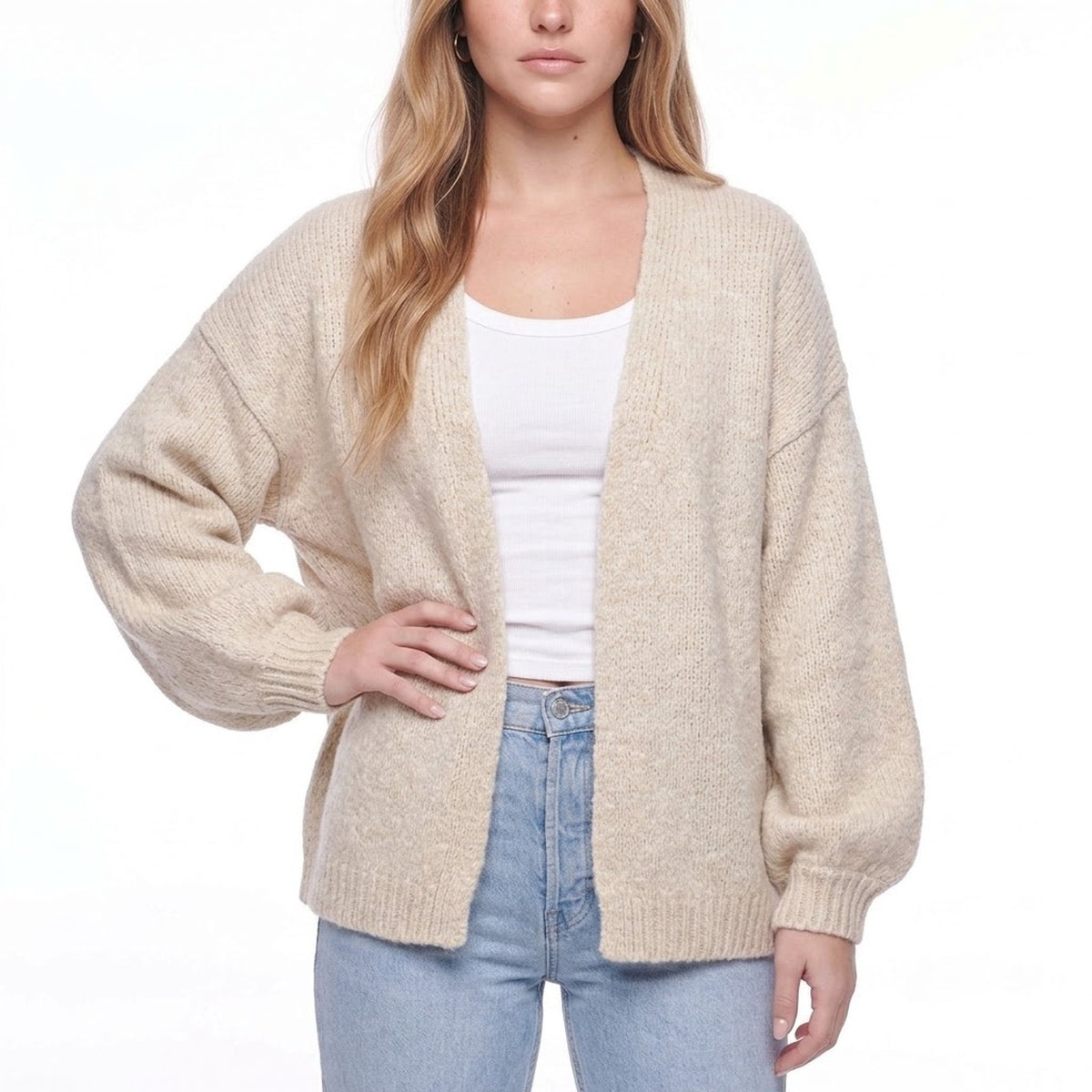 Light Beige Chunky Knit Open Front Oversized Cardigan Sweater