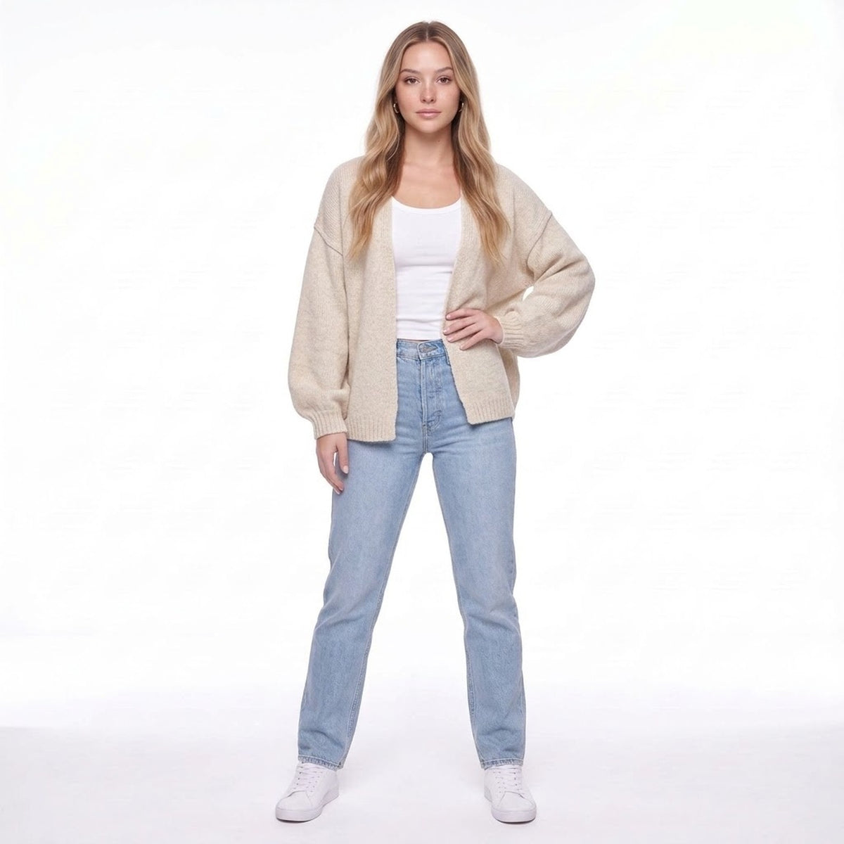 Light Beige Chunky Knit Open Front Oversized Cardigan Sweater