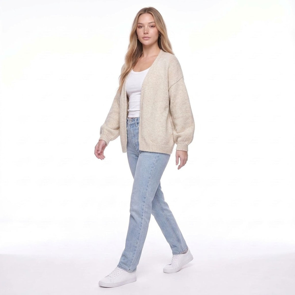 Light Beige Chunky Knit Open Front Oversized Cardigan Sweater