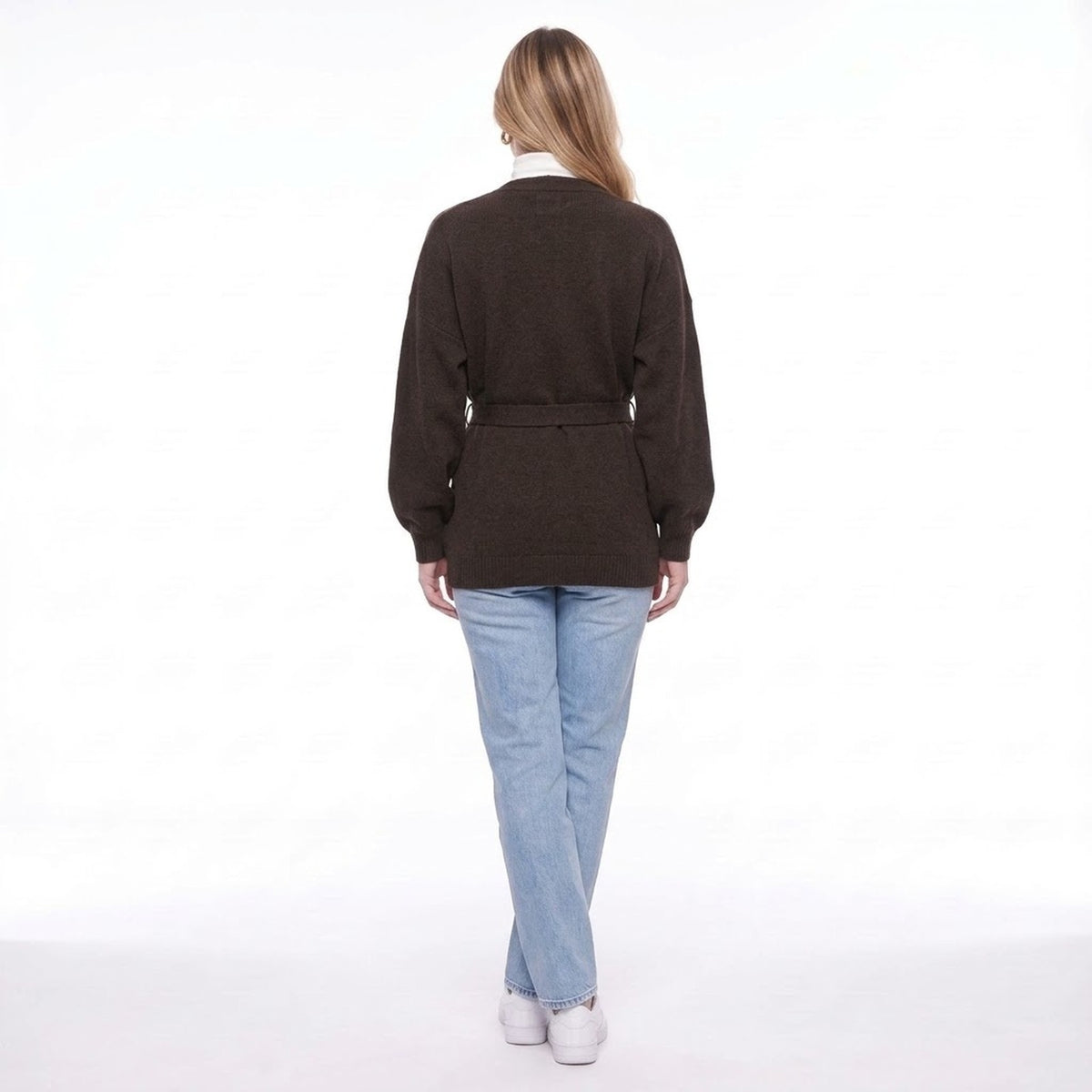Coffee Brown Belted Wrap Cardigan Sweater with V Neck and Wide Sleeves