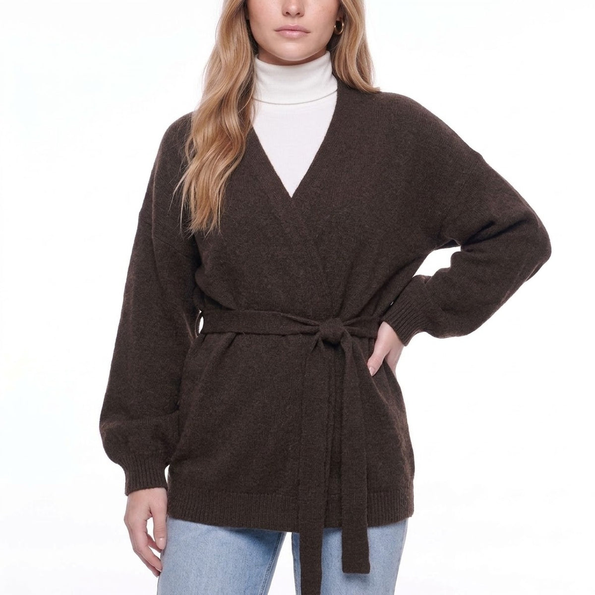 Coffee Brown Belted Wrap Cardigan Sweater with V Neck and Wide Sleeves