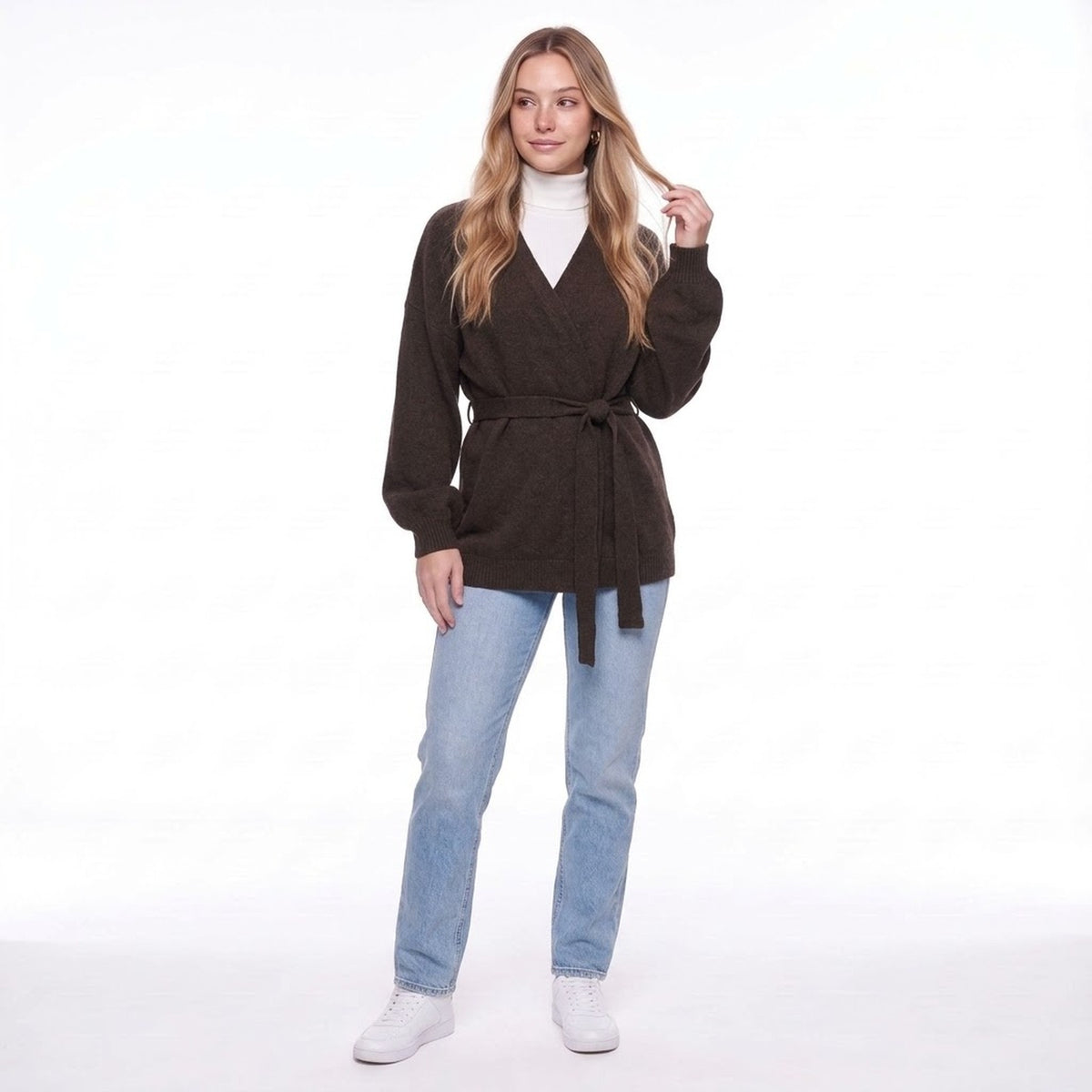 Coffee Brown Belted Wrap Cardigan Sweater with V Neck and Wide Sleeves