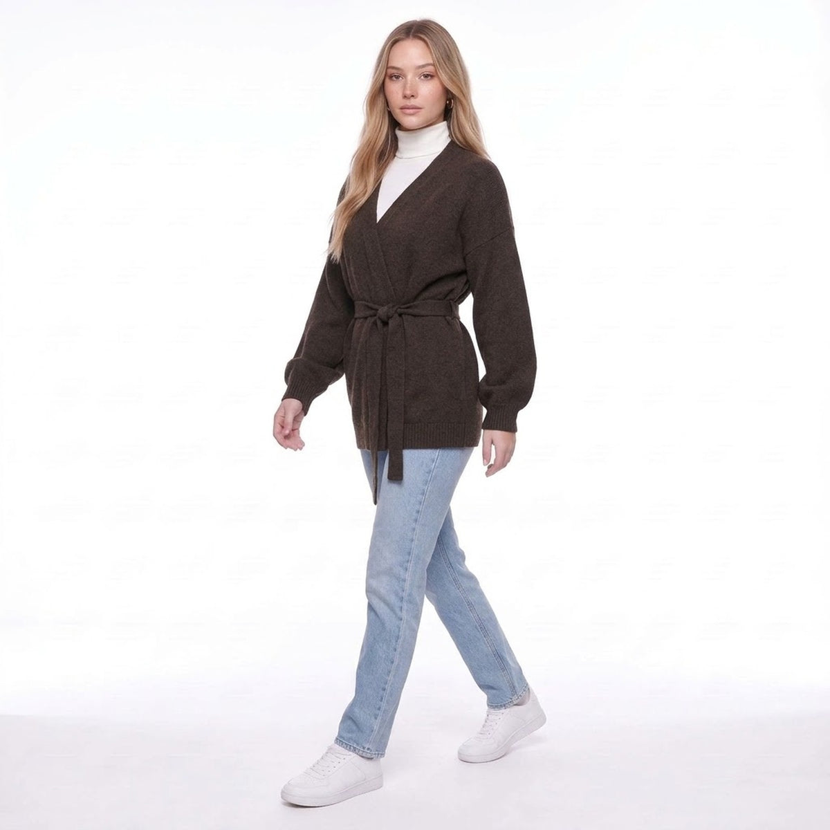 Coffee Brown Belted Wrap Cardigan Sweater with V Neck and Wide Sleeves