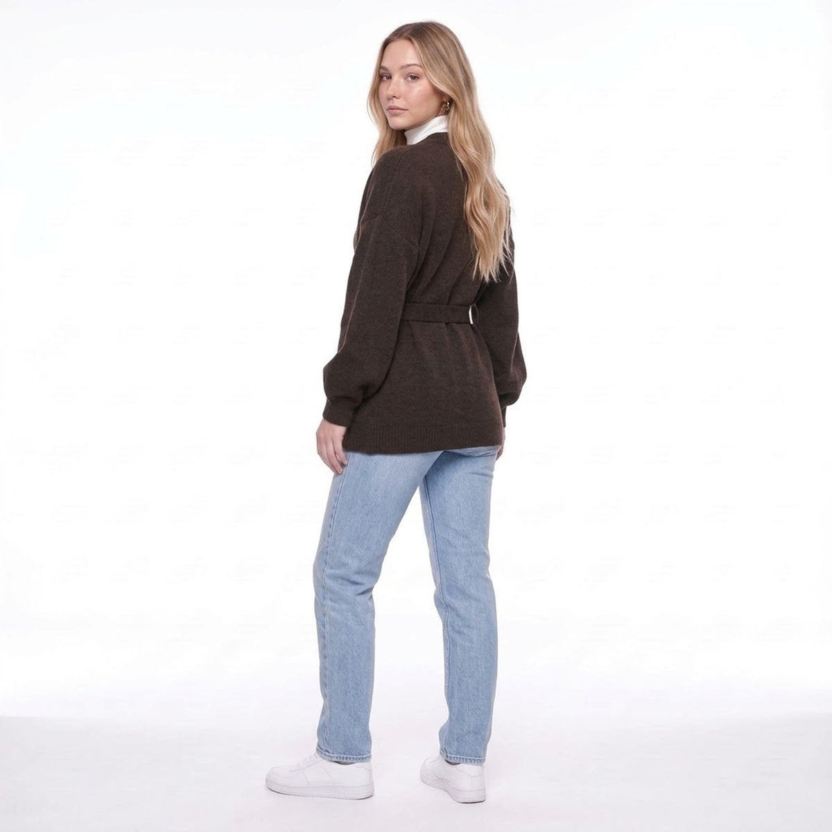 Coffee Brown Belted Wrap Cardigan Sweater with V Neck and Wide Sleeves