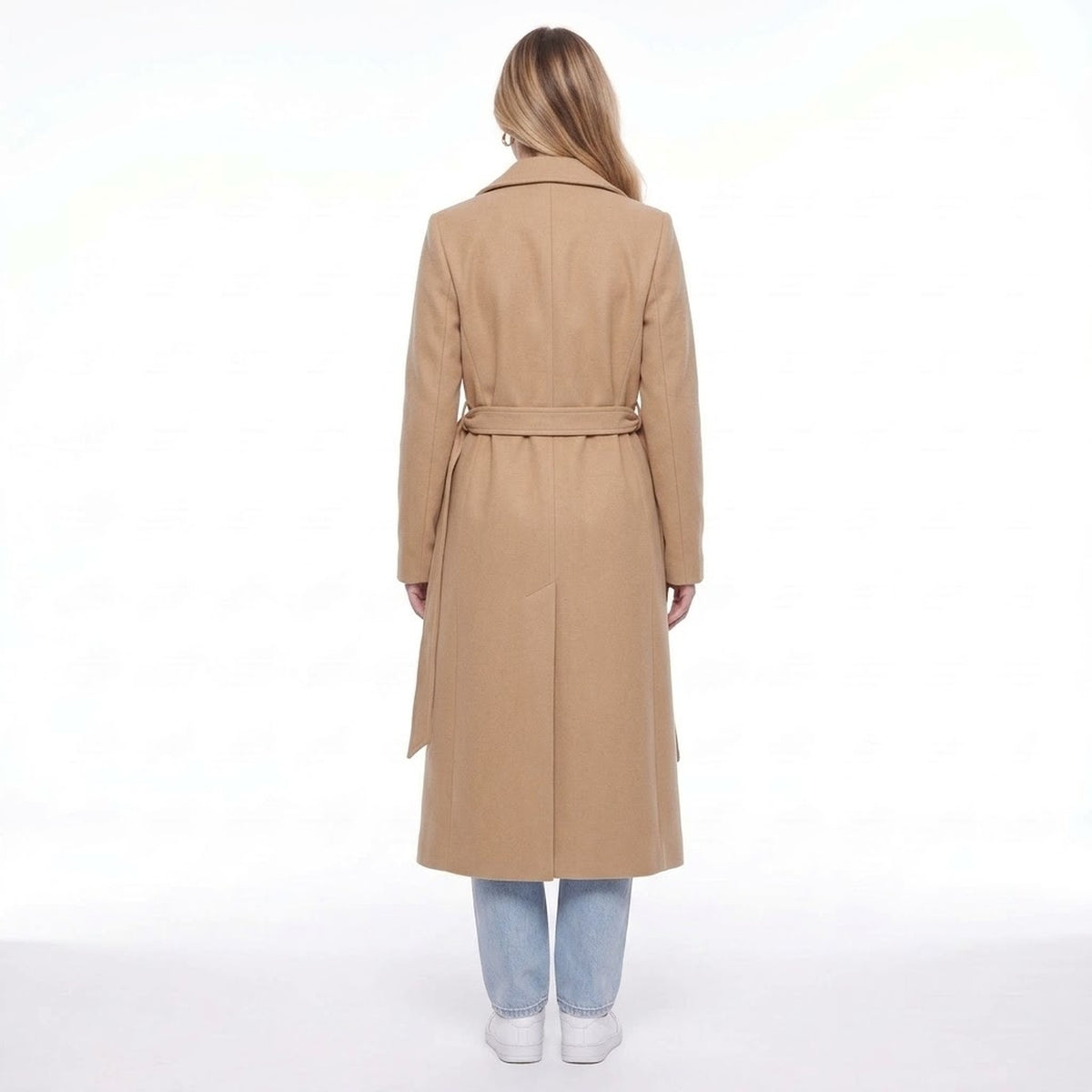 Khaki Double Breasted Long Belted Coat with Notched Lapels