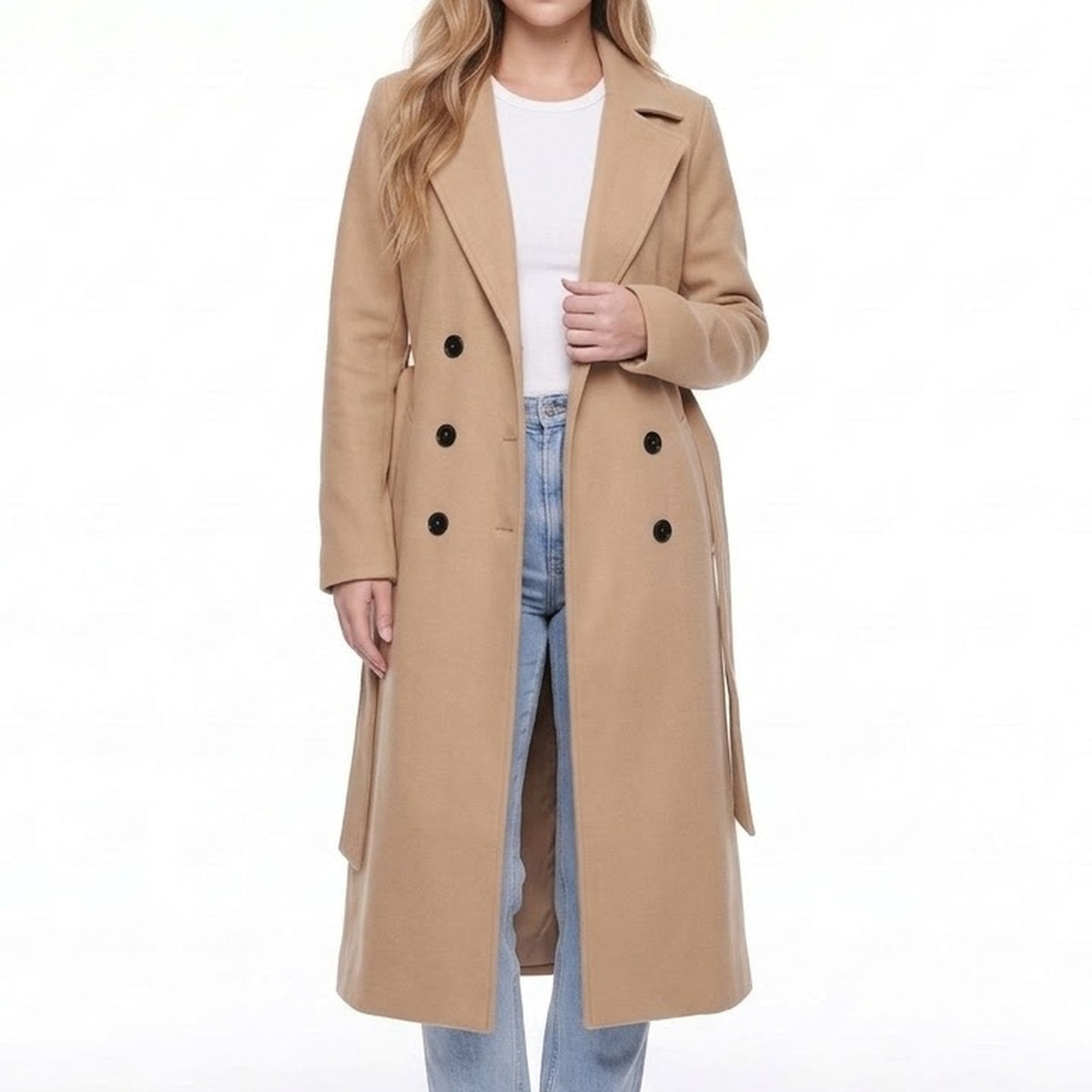 Khaki Double Breasted Long Belted Coat with Notched Lapels