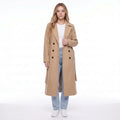 Khaki Double Breasted Long Belted Coat with Notched Lapels