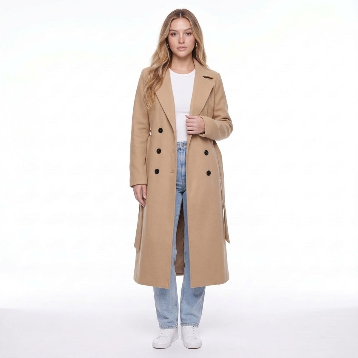 Khaki Double Breasted Long Belted Coat with Notched Lapels