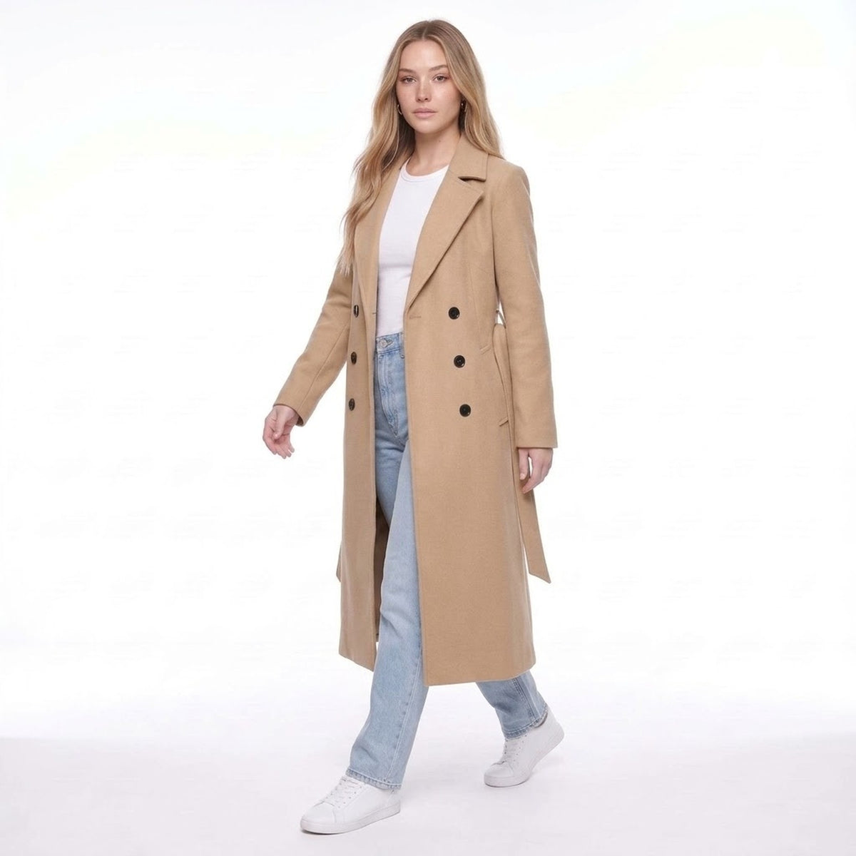 Khaki Double Breasted Long Belted Coat with Notched Lapels