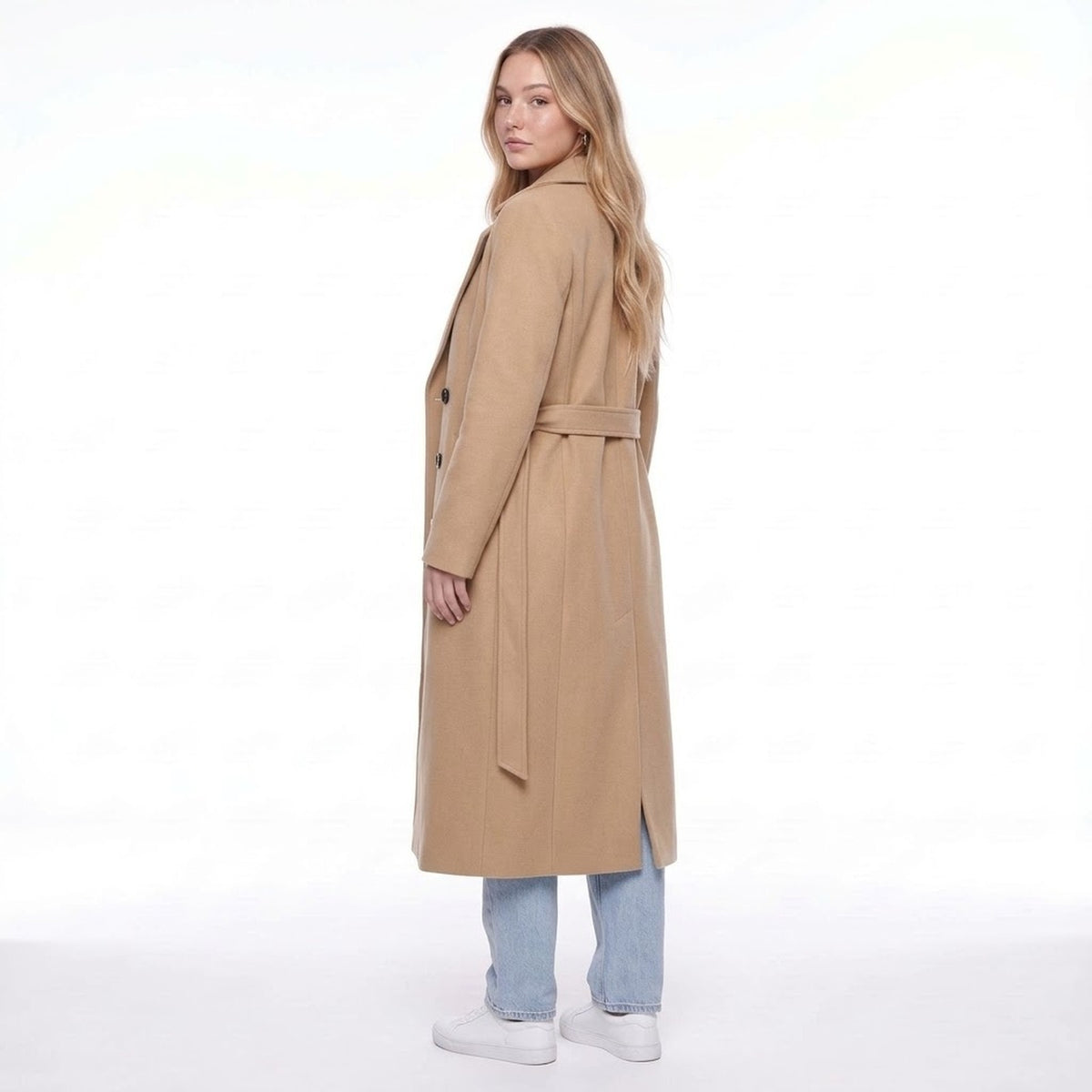 Khaki Double Breasted Long Belted Coat with Notched Lapels