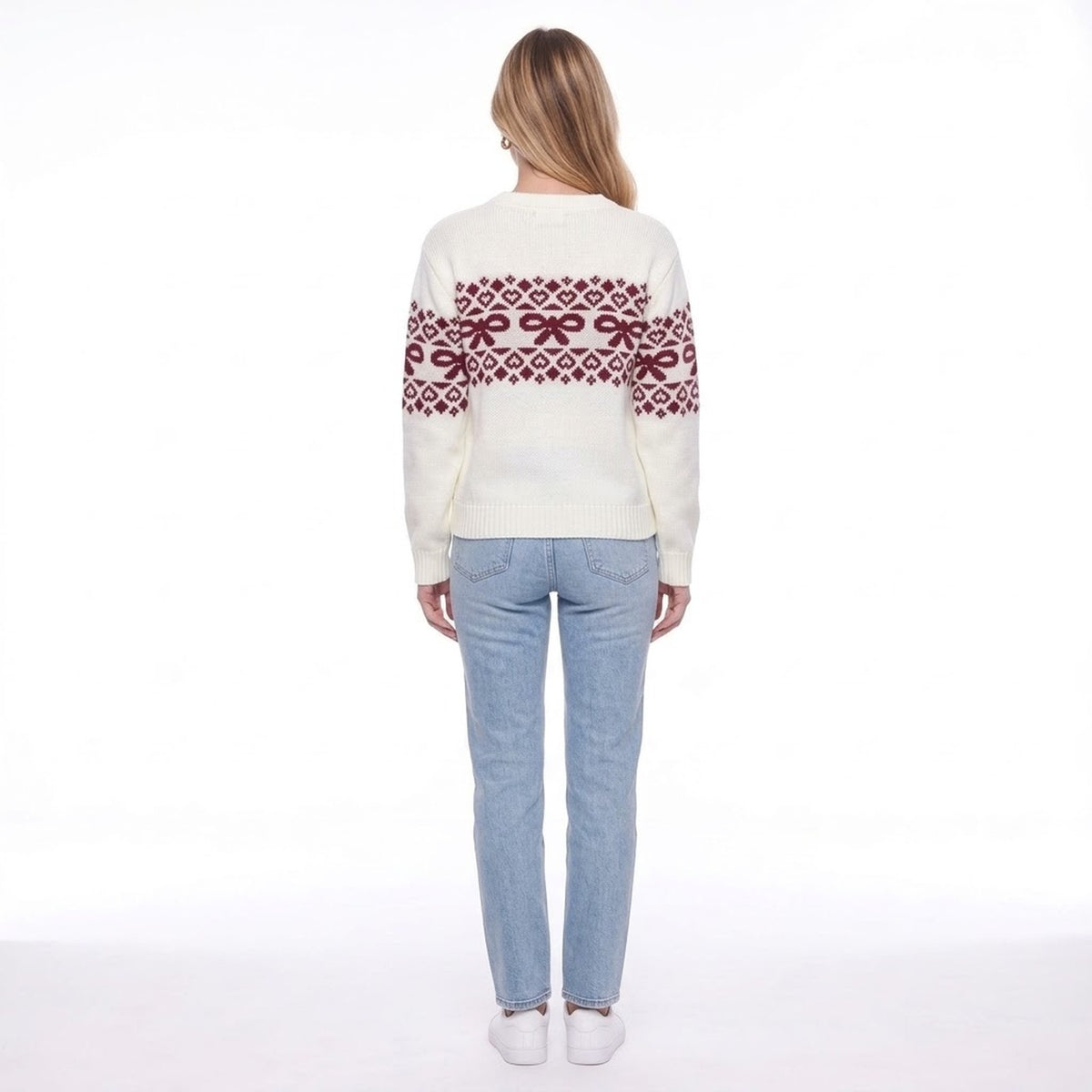 White Christmas Fair Isle Bow Knit Crew Neck Pullover Sweater
