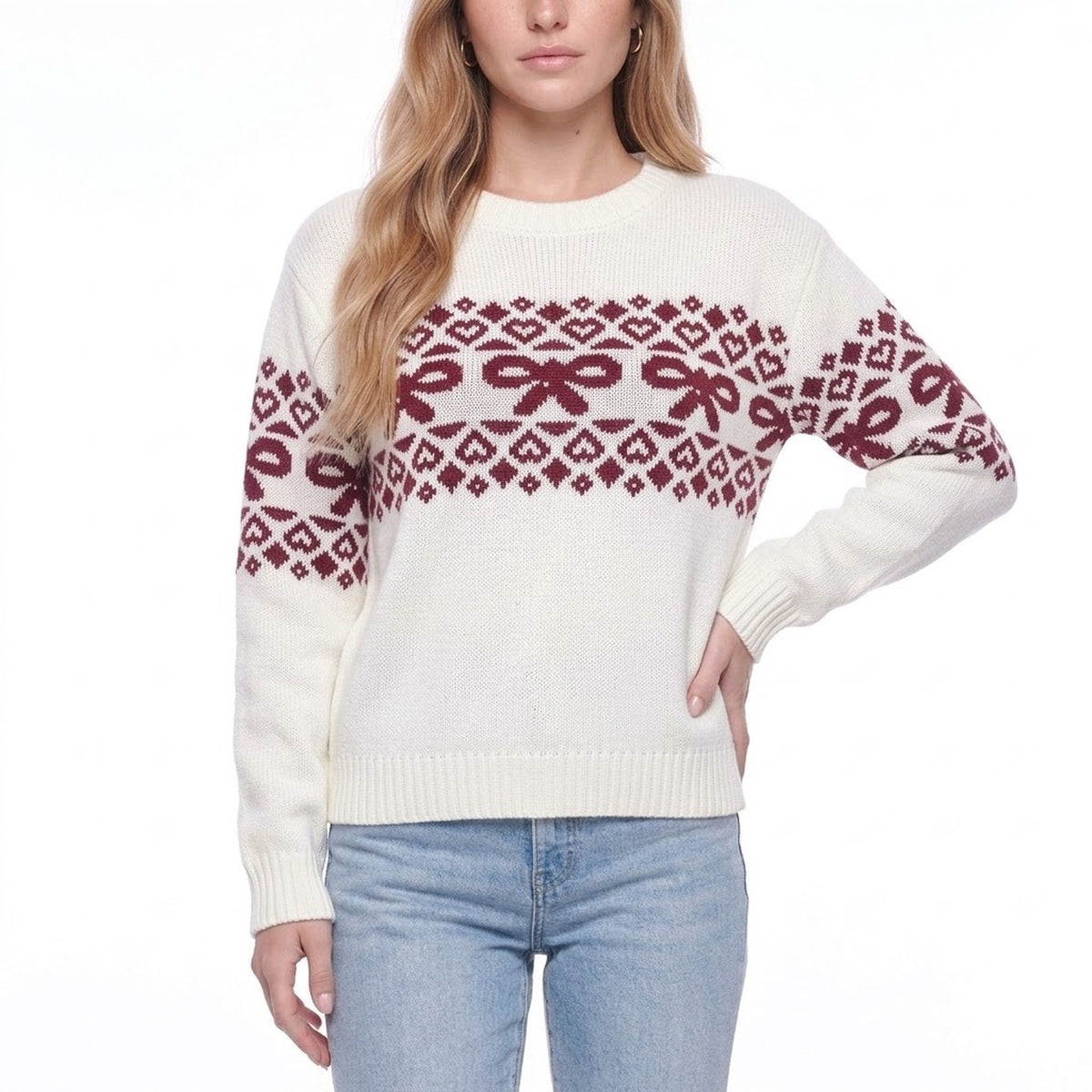 White Christmas Fair Isle Bow Knit Crew Neck Pullover Sweater
