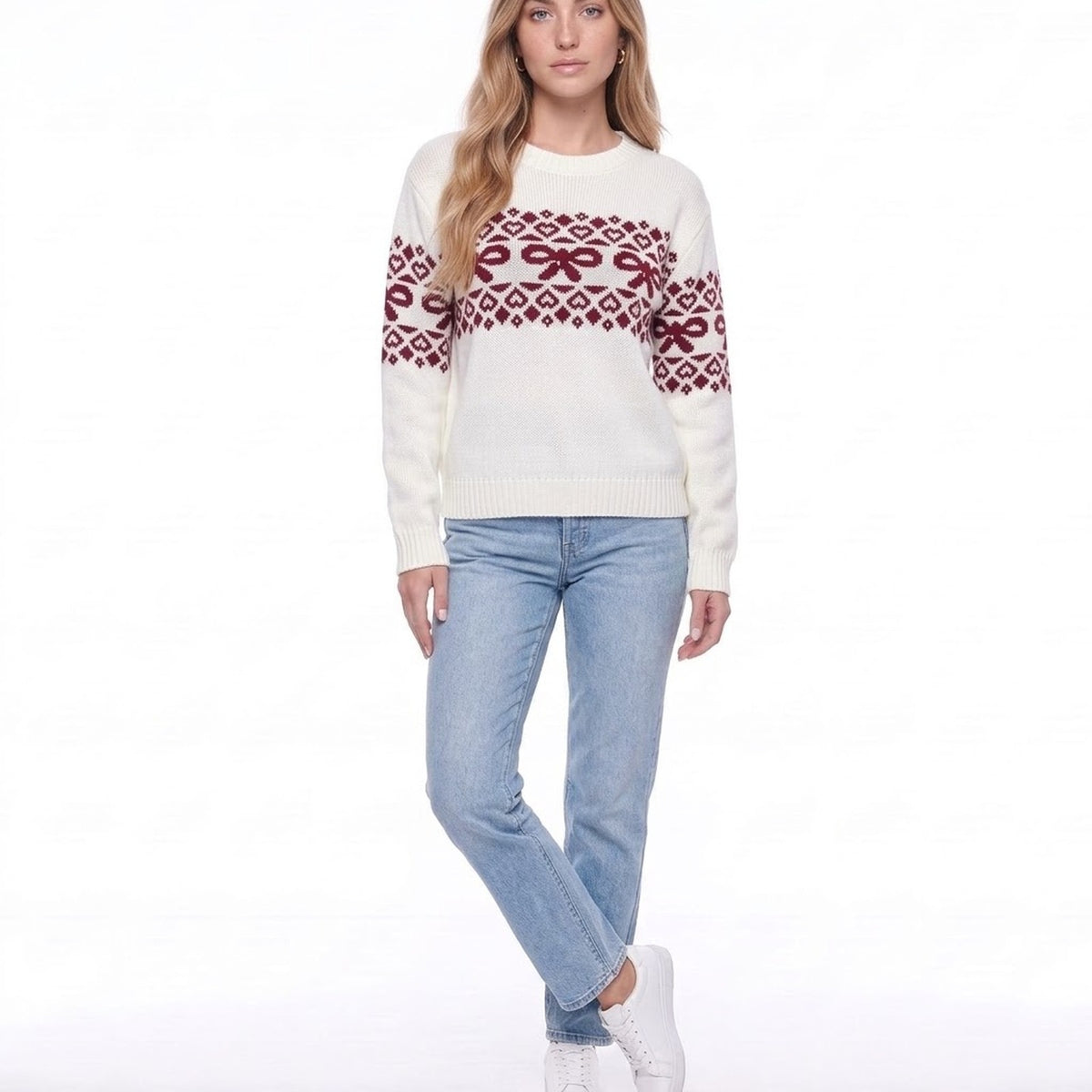 White Christmas Fair Isle Bow Knit Crew Neck Pullover Sweater