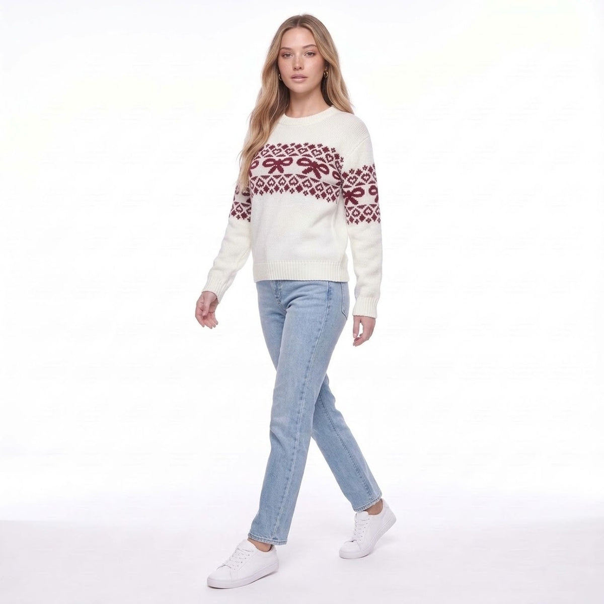 White Christmas Fair Isle Bow Knit Crew Neck Pullover Sweater
