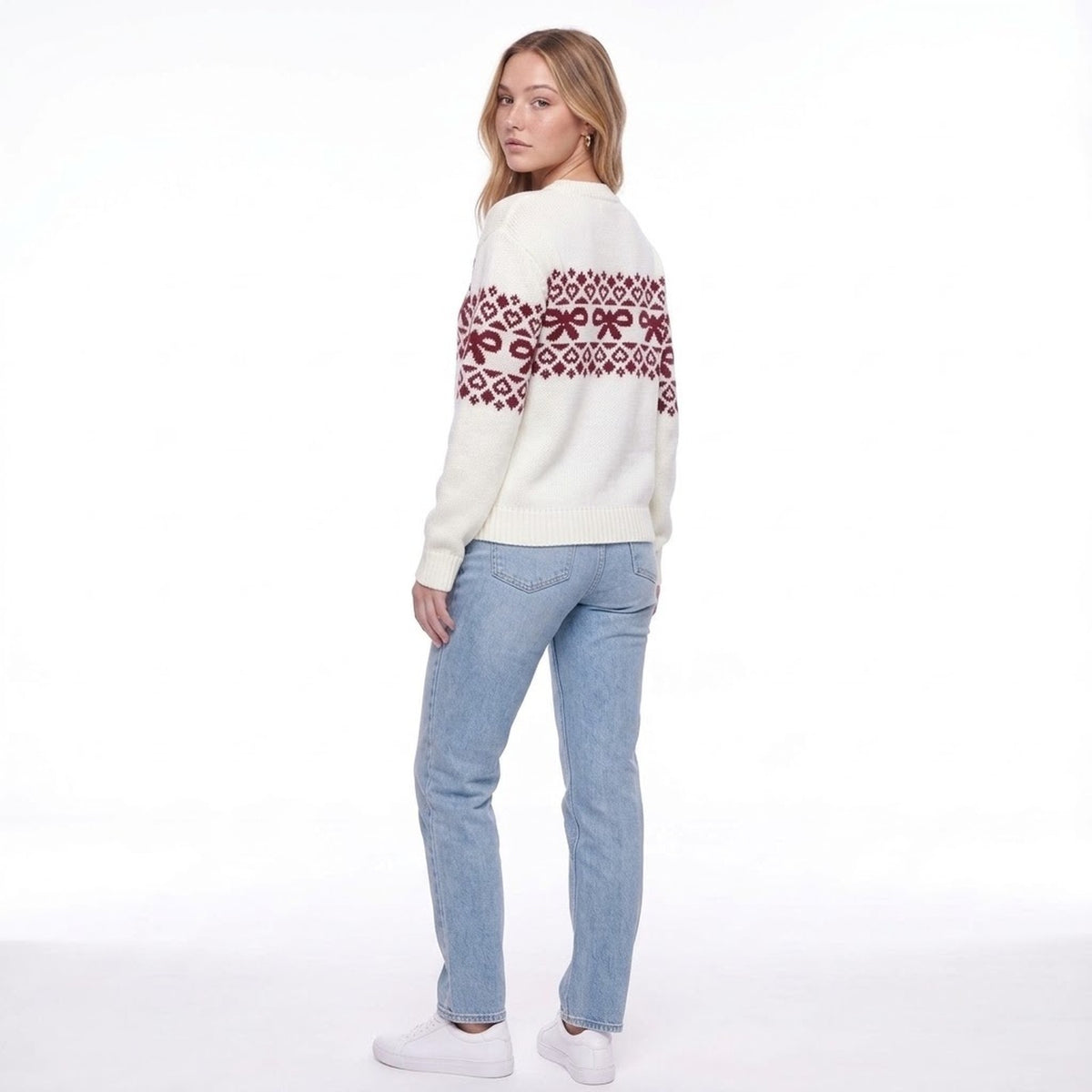 White Christmas Fair Isle Bow Knit Crew Neck Pullover Sweater
