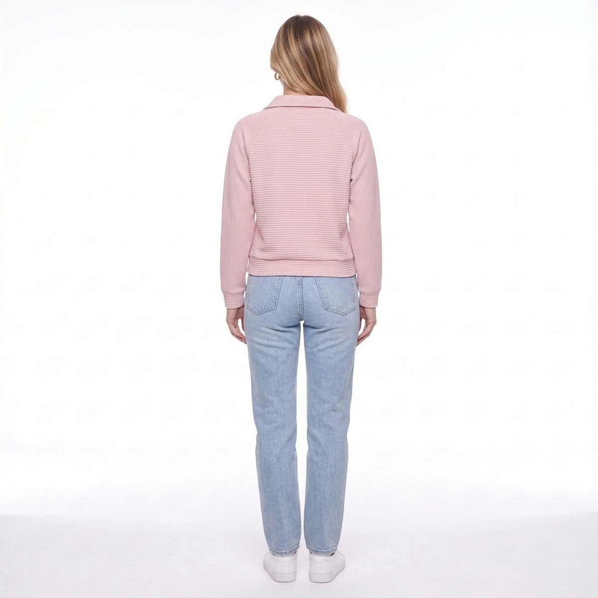 Pink Ribbed Knit Half Zip Collared Pullover Sweater
