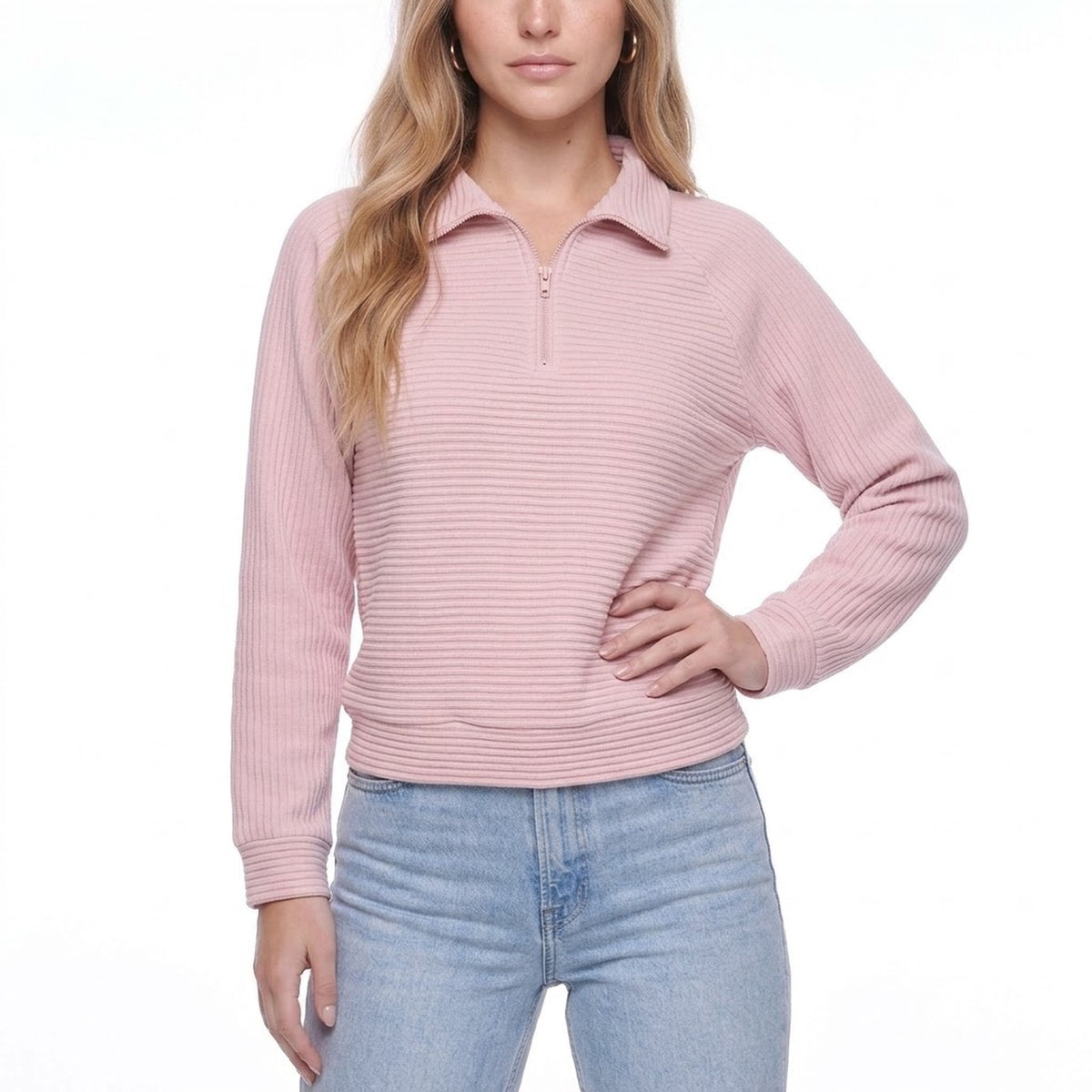 Pink Ribbed Knit Half Zip Collared Pullover Sweater