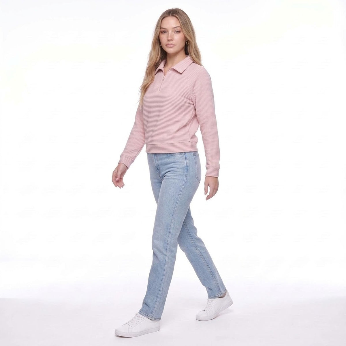 Pink Ribbed Knit Half Zip Collared Pullover Sweater