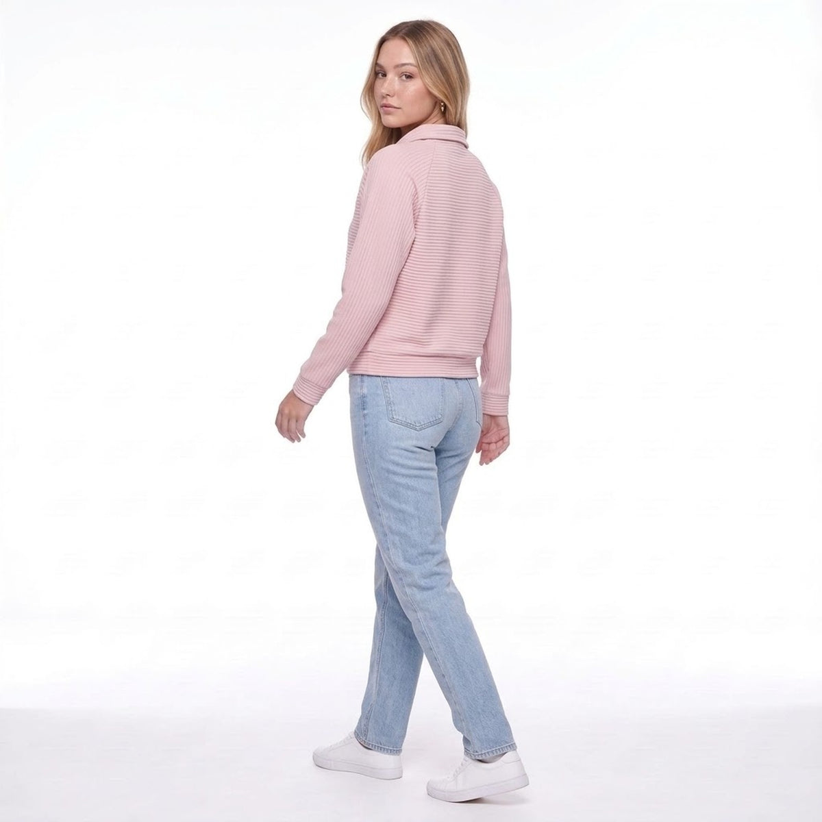 Pink Ribbed Knit Half Zip Collared Pullover Sweater