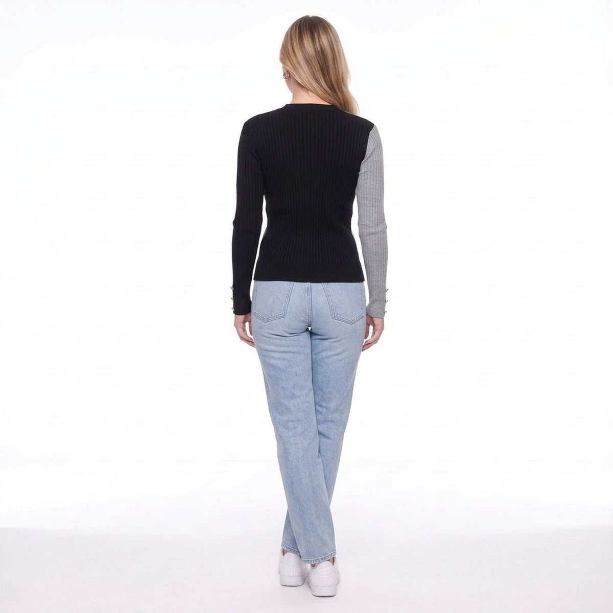 Gray and Black Color Block Rib Knit V Neck Button Front Cardigan