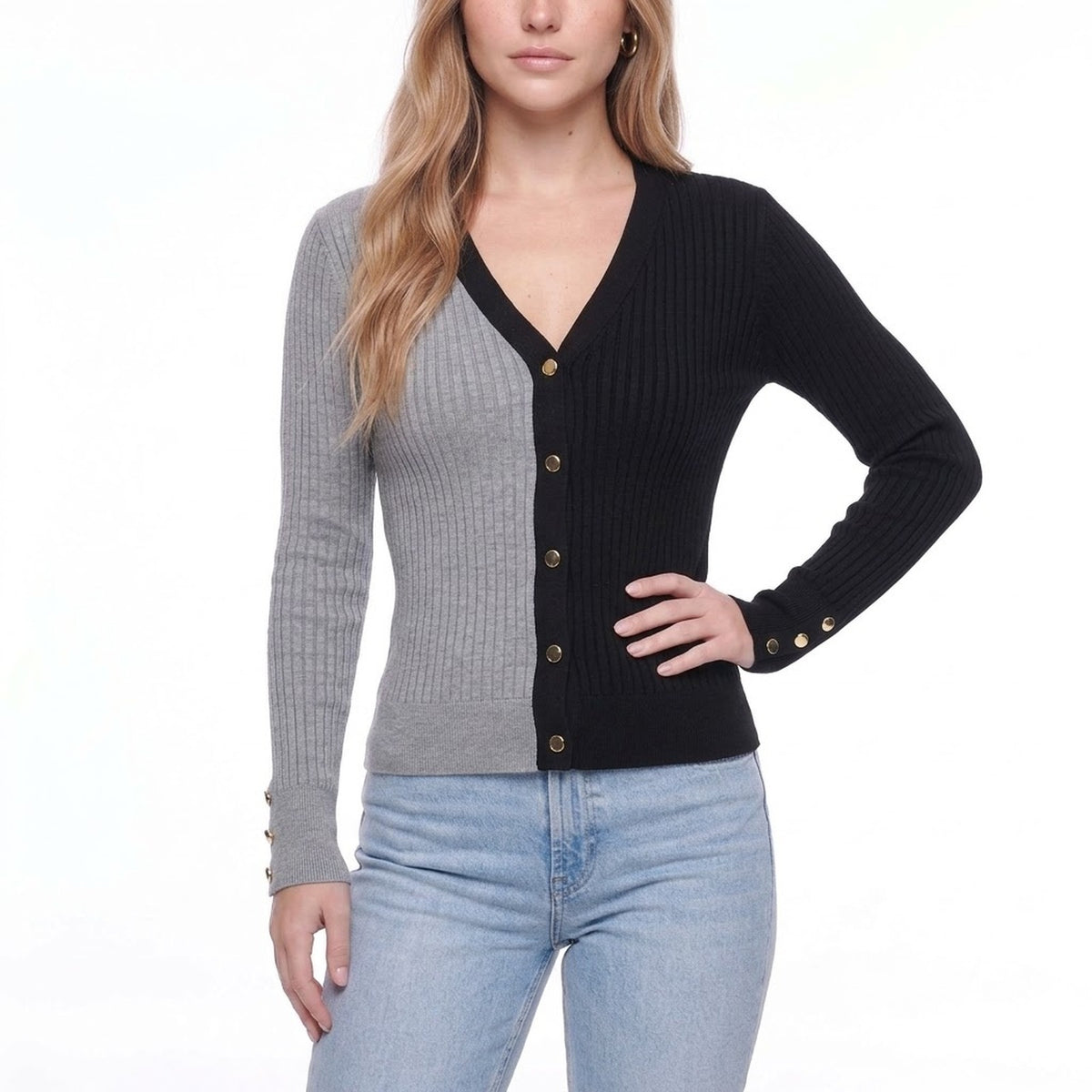 Gray and Black Color Block Rib Knit V Neck Button Front Cardigan