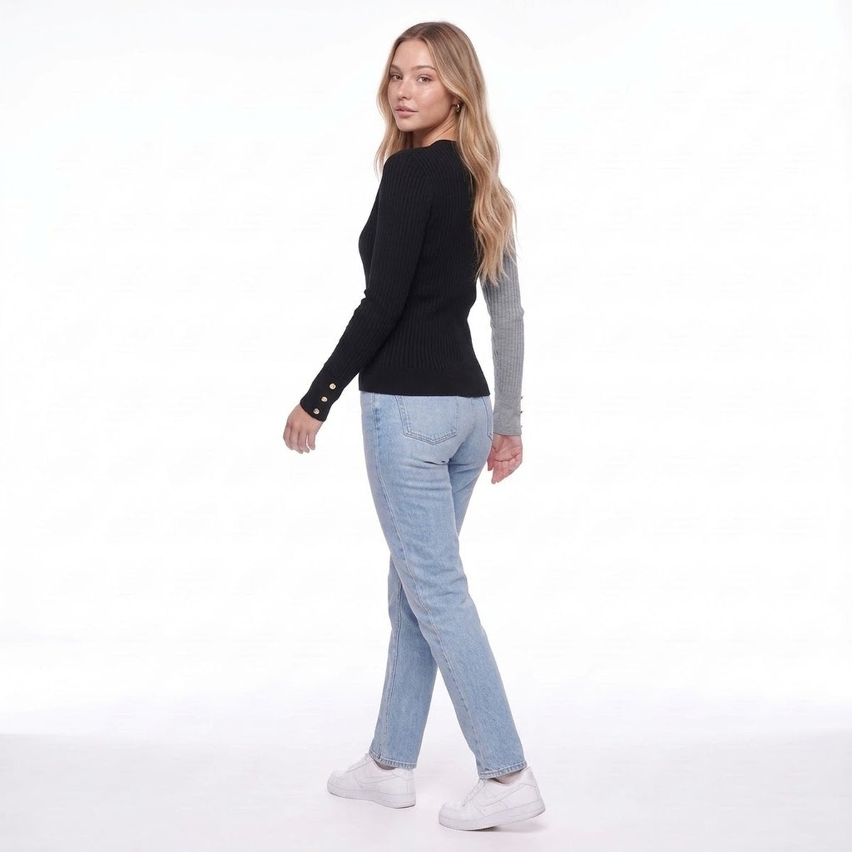 Gray and Black Color Block Rib Knit V Neck Button Front Cardigan