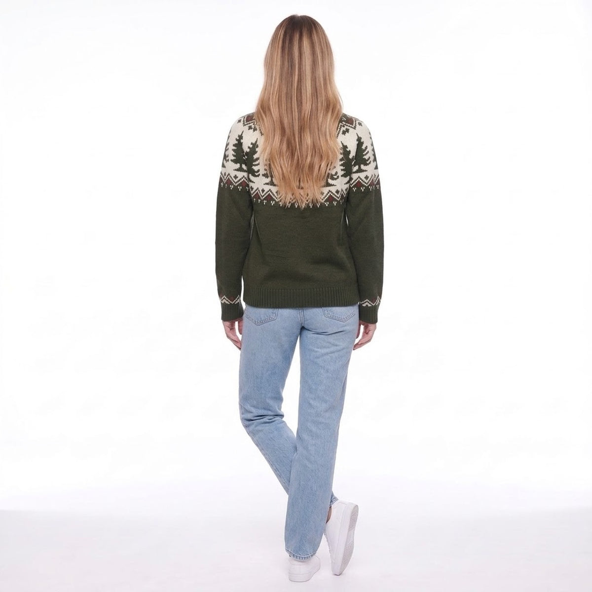 Olive Green Christmas Tree Fair Isle Crew Neck Knit Sweater
