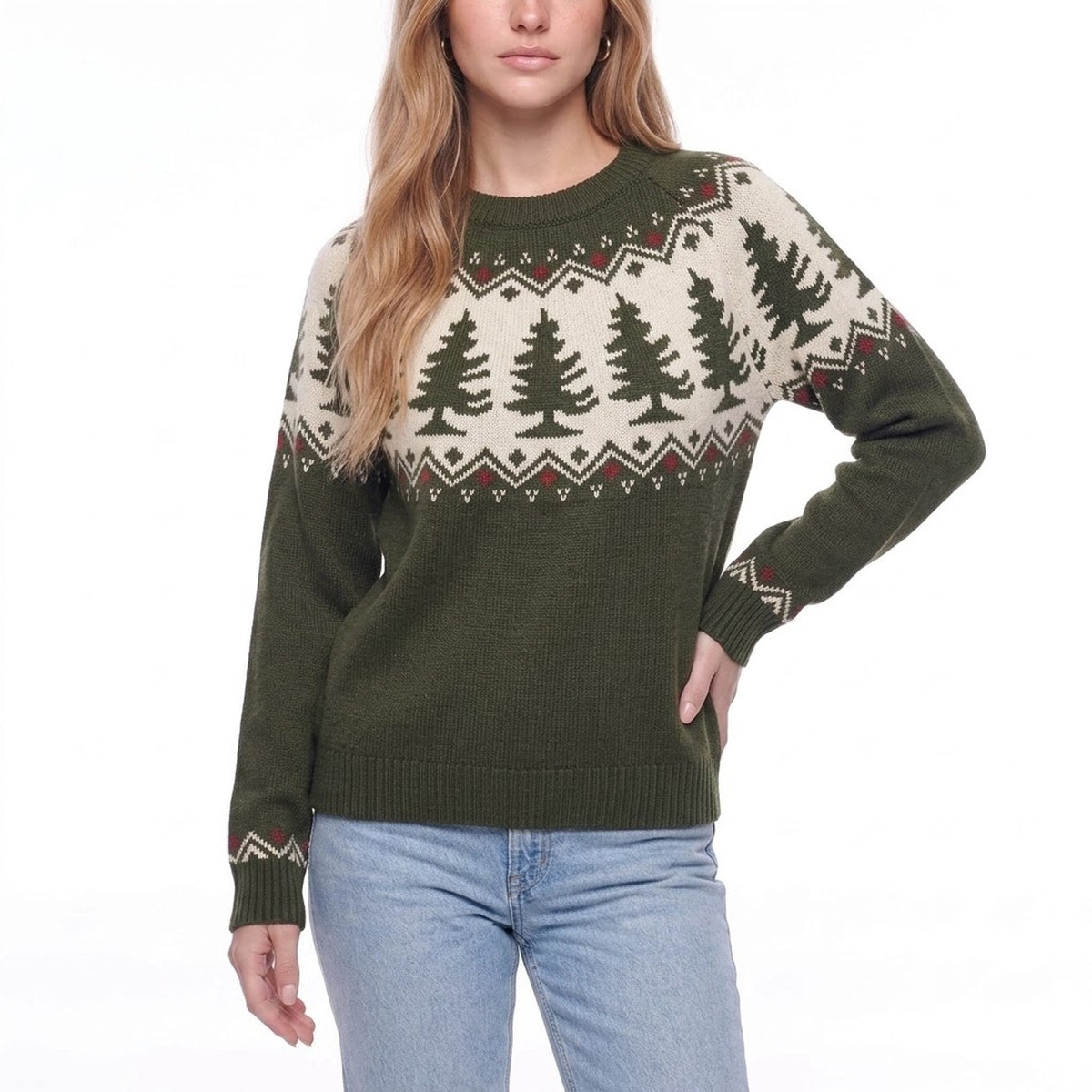 Olive Green Christmas Tree Fair Isle Crew Neck Knit Sweater