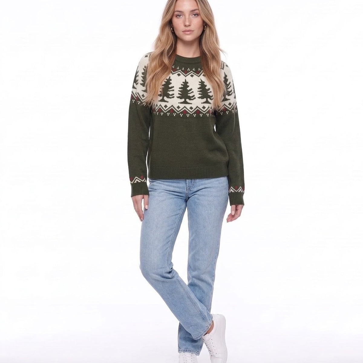 Olive Green Christmas Tree Fair Isle Crew Neck Knit Sweater