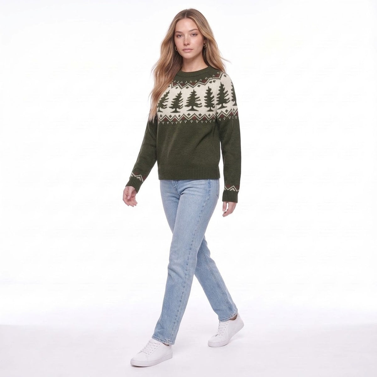 Olive Green Christmas Tree Fair Isle Crew Neck Knit Sweater