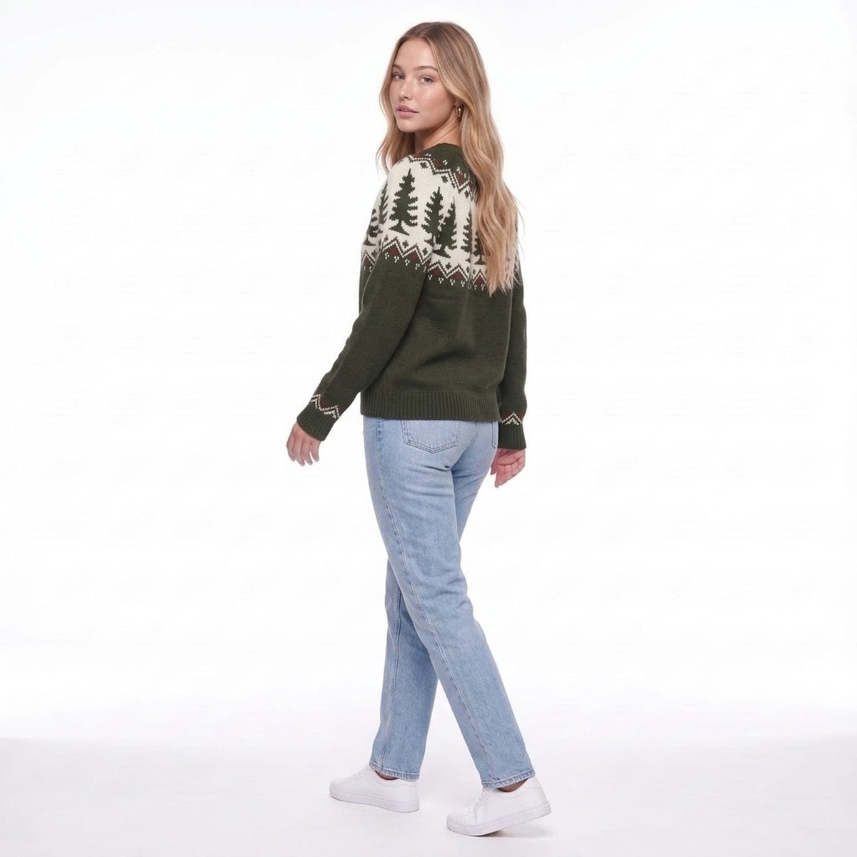 Olive Green Christmas Tree Fair Isle Crew Neck Knit Sweater