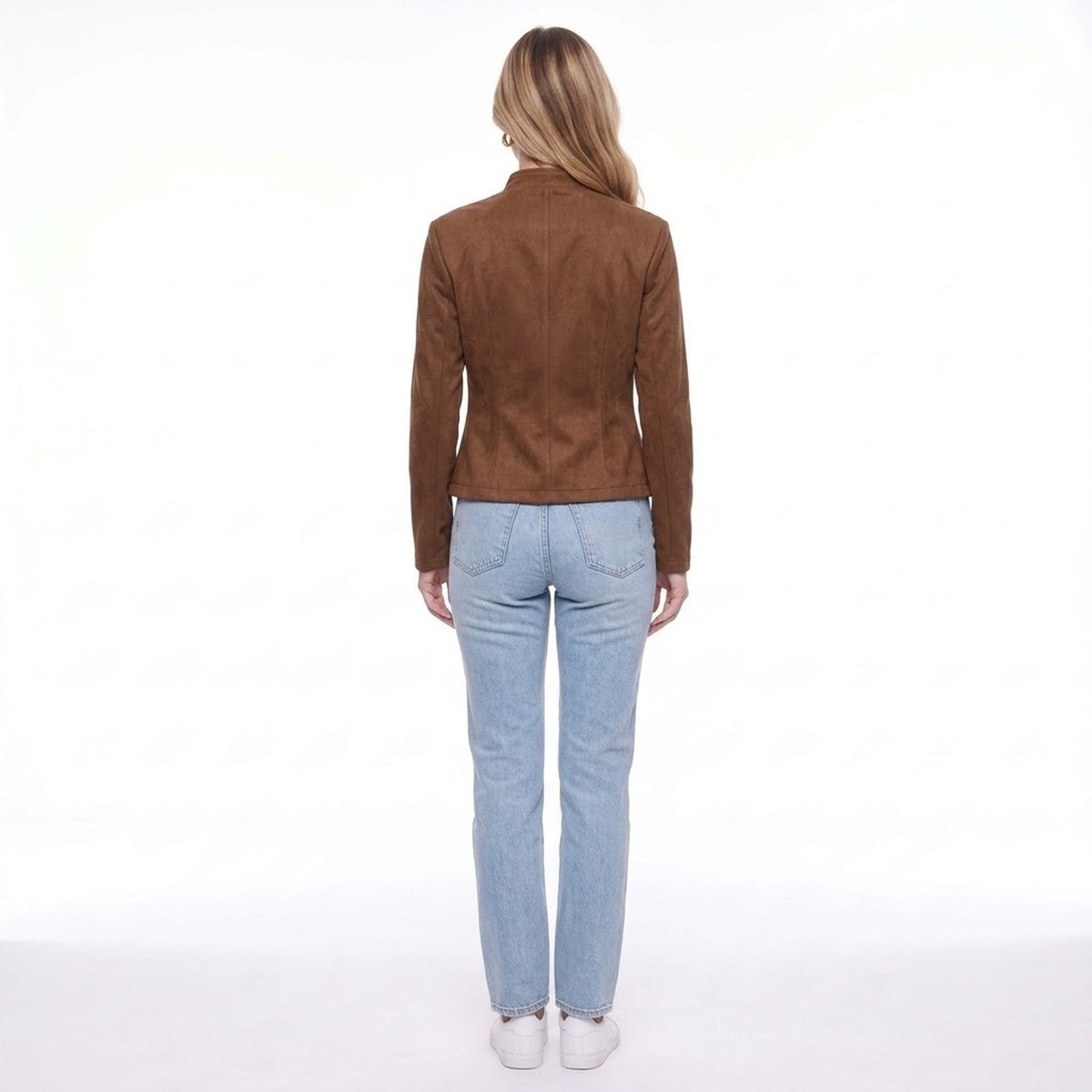 Coffee Faux Suede Military Style Stand Collar Button Detail Jacket