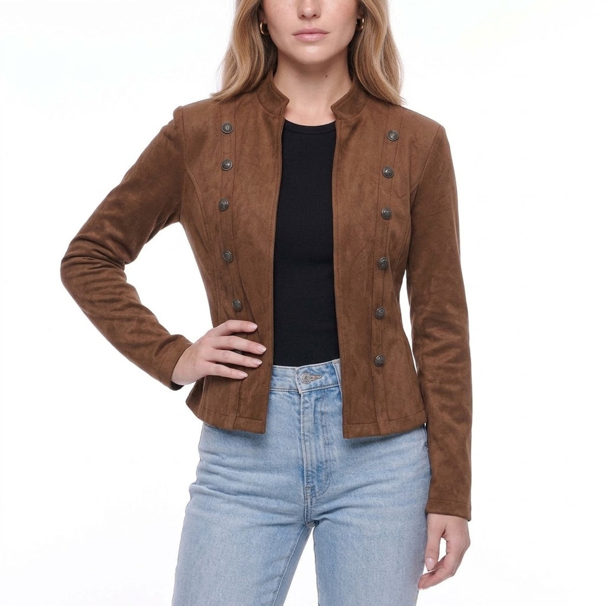 Coffee Faux Suede Military Style Stand Collar Button Detail Jacket