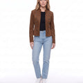 Coffee Faux Suede Military Style Stand Collar Button Detail Jacket