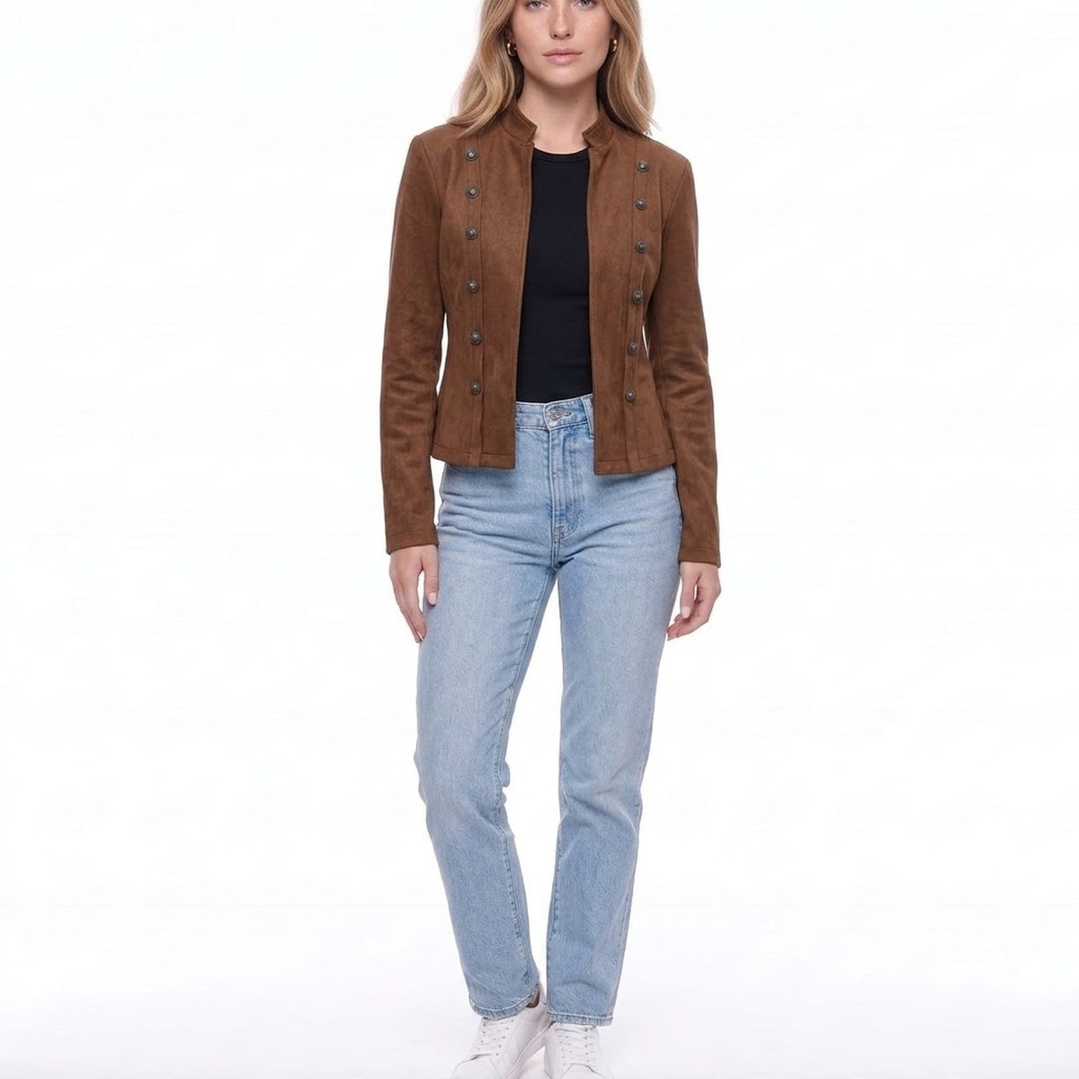 Coffee Faux Suede Military Style Stand Collar Button Detail Jacket