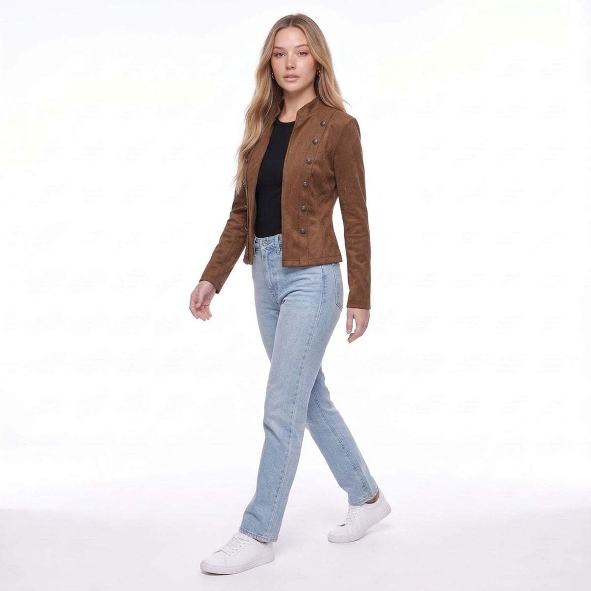 Coffee Faux Suede Military Style Stand Collar Button Detail Jacket