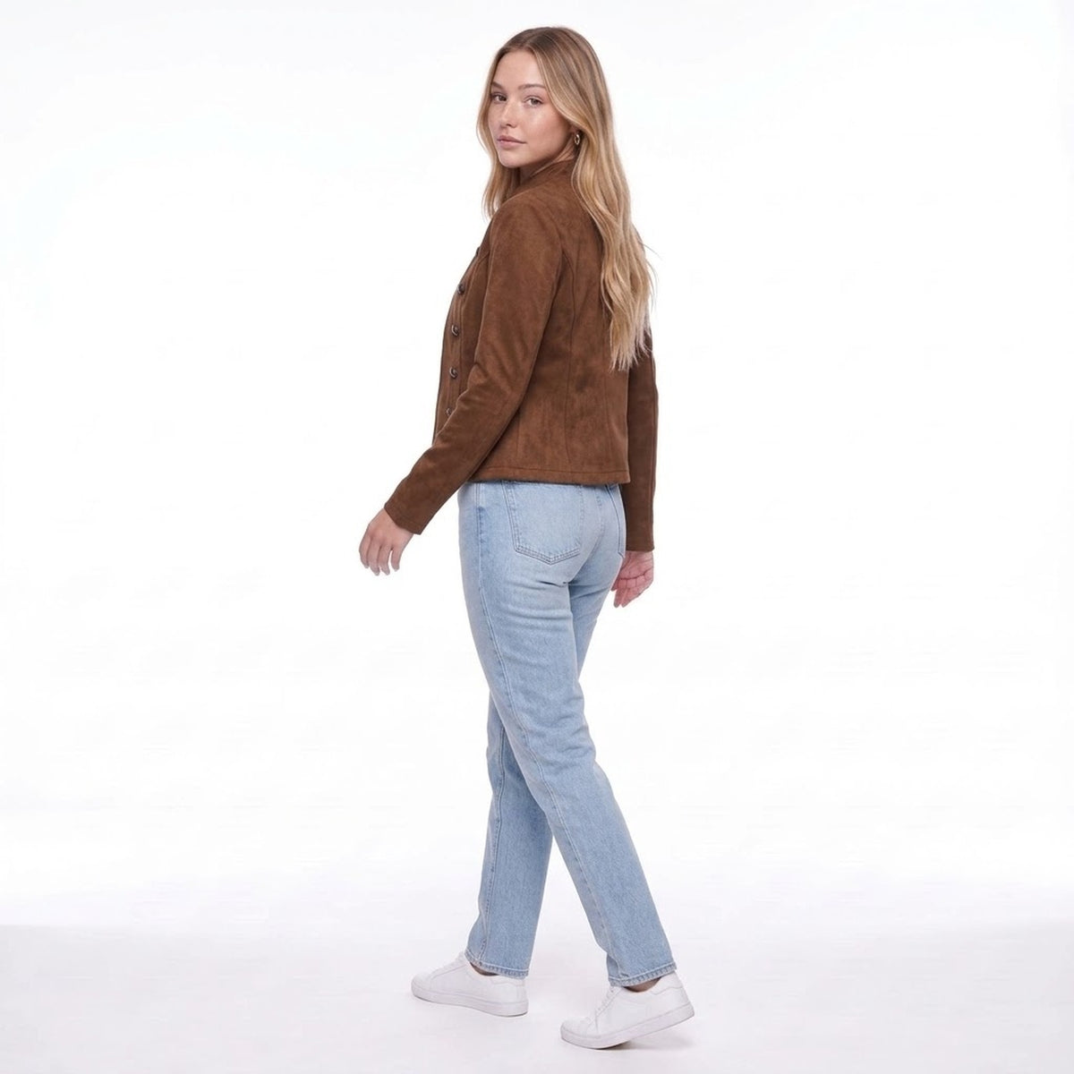 Coffee Faux Suede Military Style Stand Collar Button Detail Jacket