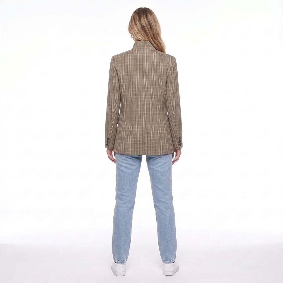 Tan Plaid Stand Collar Single Button Oversized Blazer Jacket