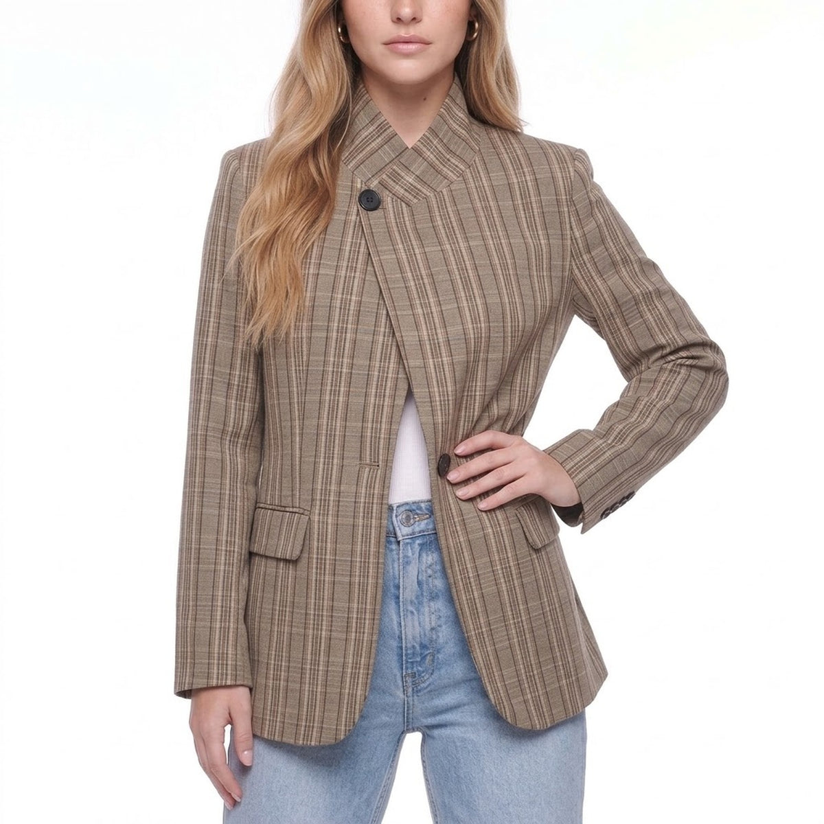 Tan Plaid Stand Collar Single Button Oversized Blazer Jacket