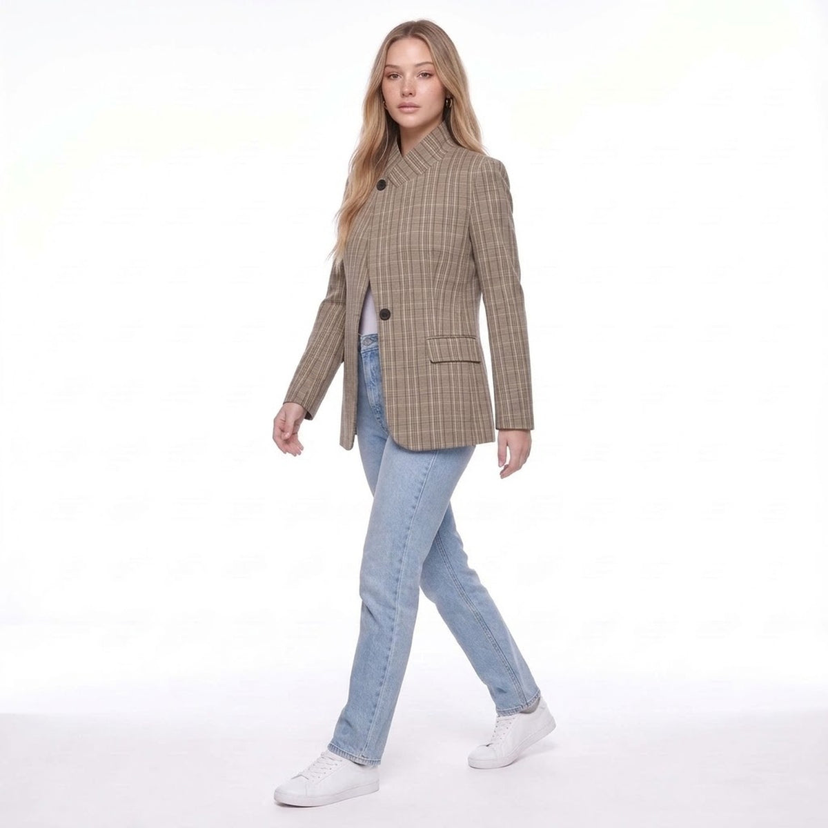 Tan Plaid Stand Collar Single Button Oversized Blazer Jacket