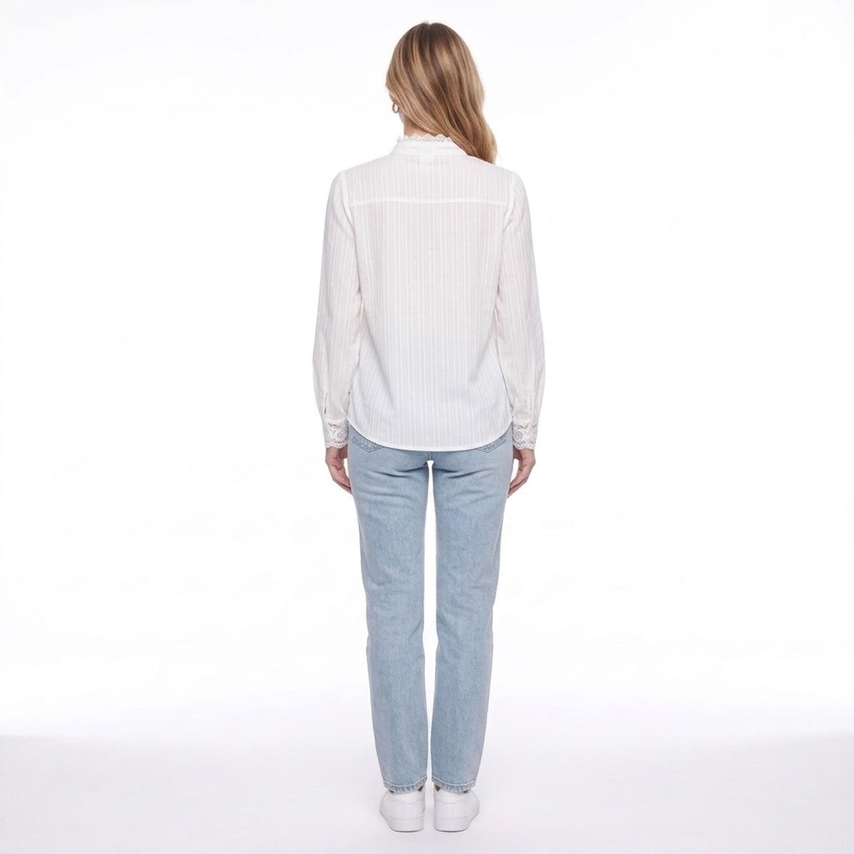White Lace Patchwork Stand Collar Long Sleeve Button Down Blouse