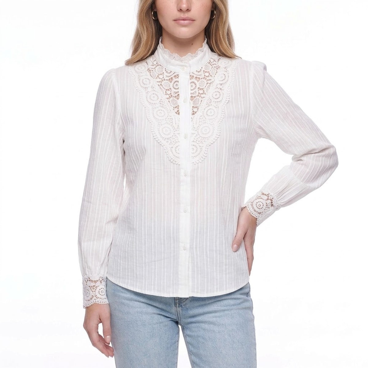 White Lace Patchwork Stand Collar Long Sleeve Button Down Blouse