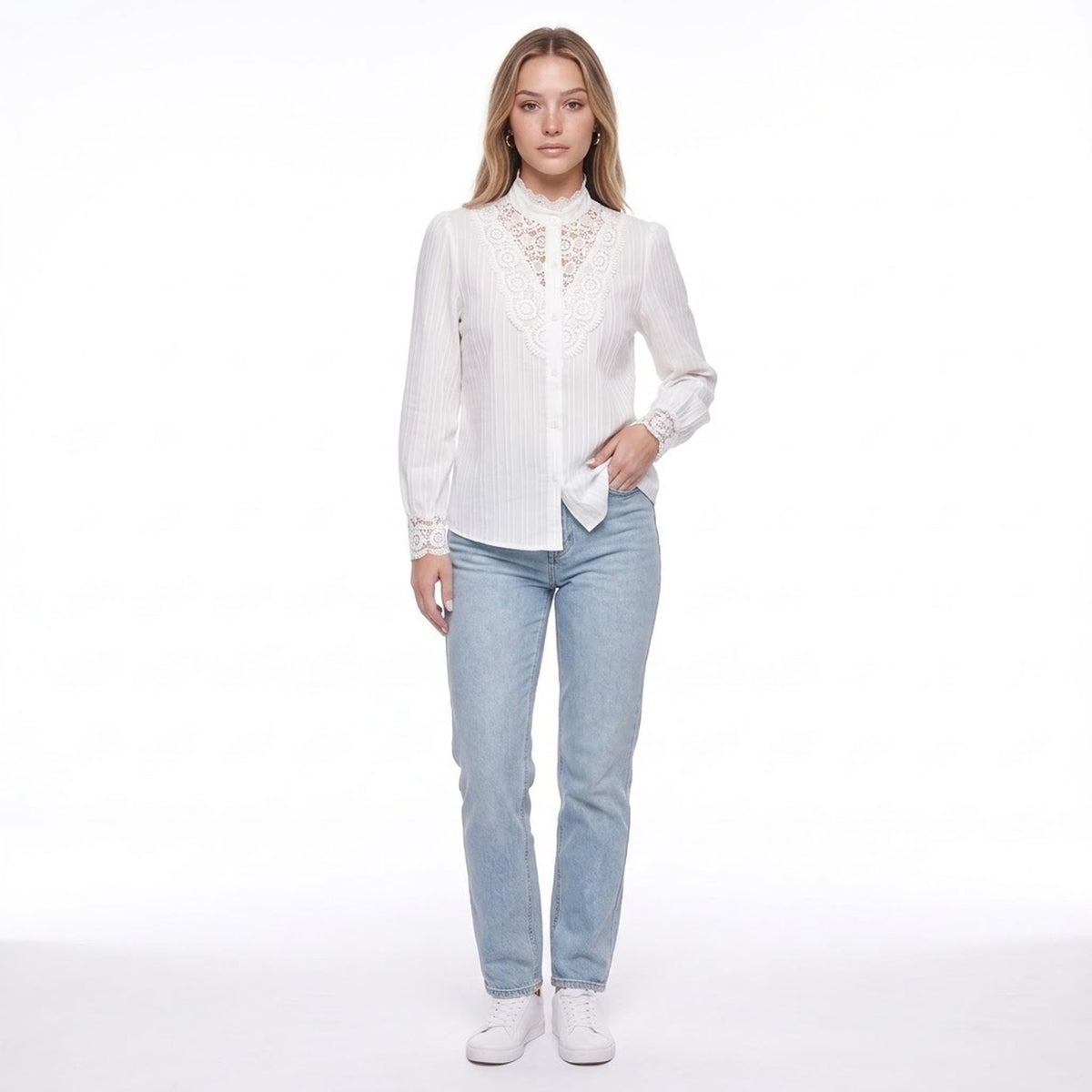 White Lace Patchwork Stand Collar Long Sleeve Button Down Blouse