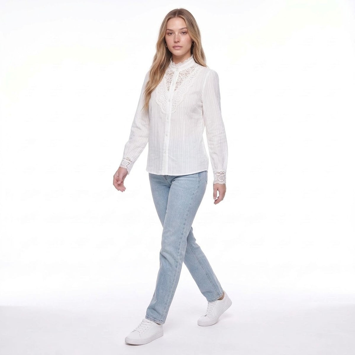 White Lace Patchwork Stand Collar Long Sleeve Button Down Blouse