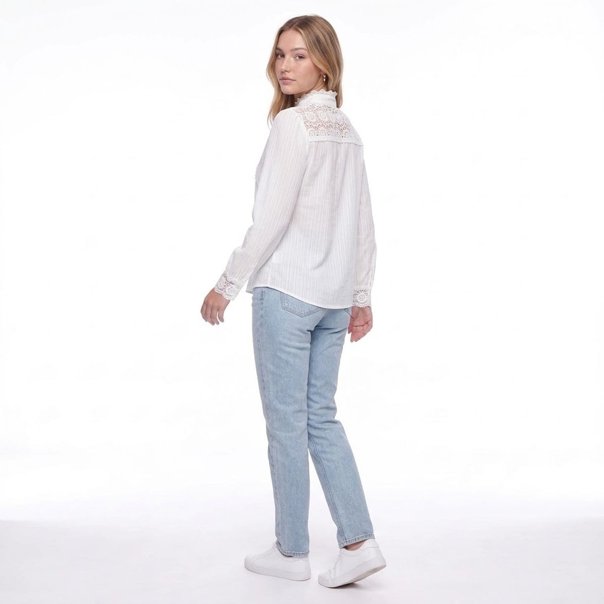White Lace Patchwork Stand Collar Long Sleeve Button Down Blouse