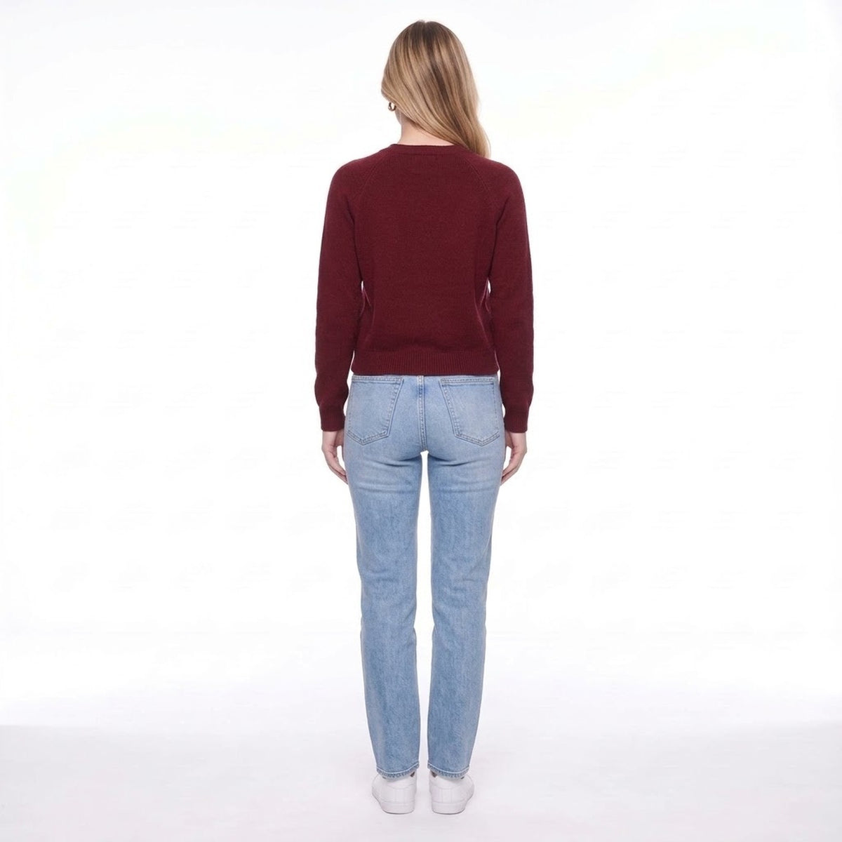 Burgundy Crew Neck Knit Cardigan with Gold Bow Buttons