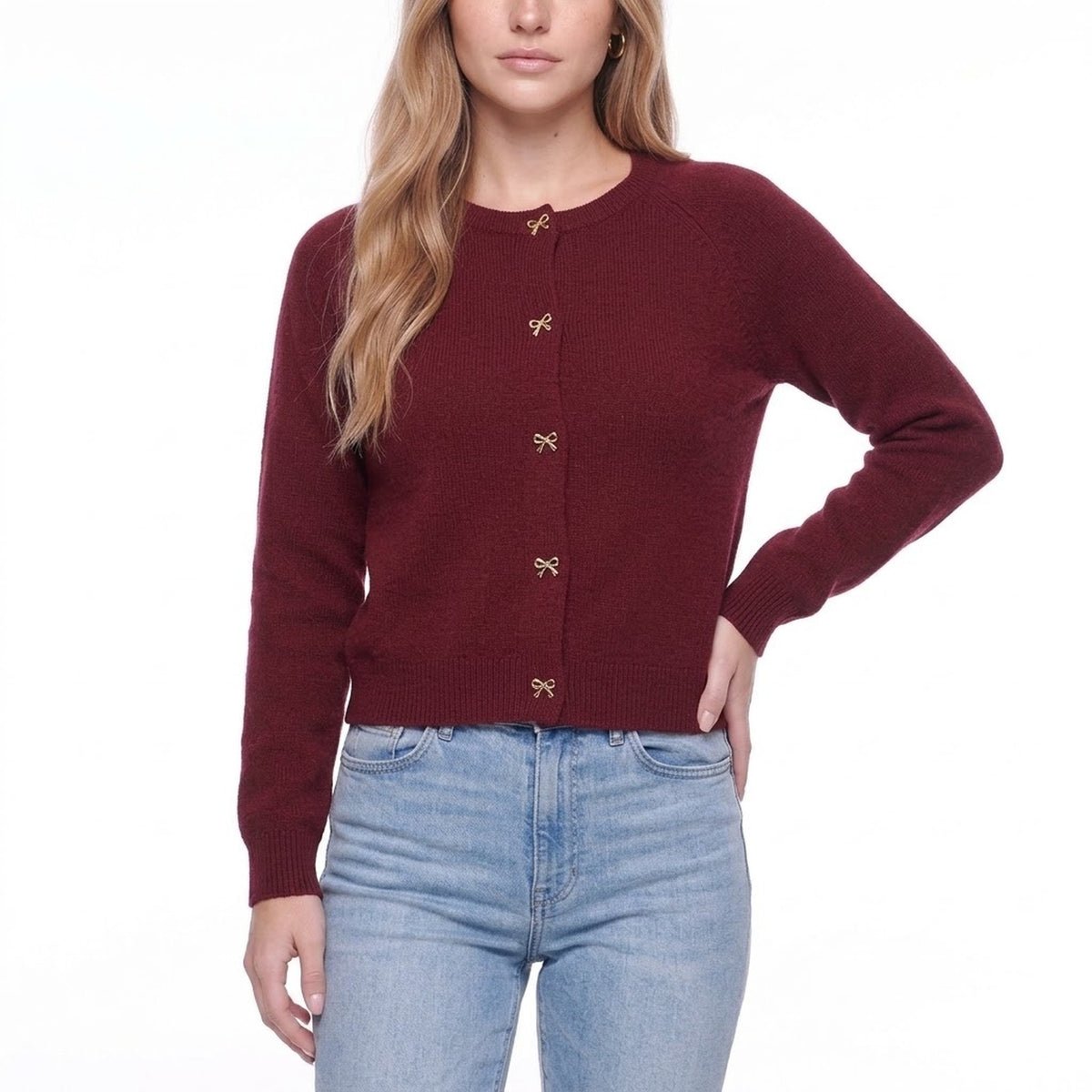 Burgundy Crew Neck Knit Cardigan with Gold Bow Buttons