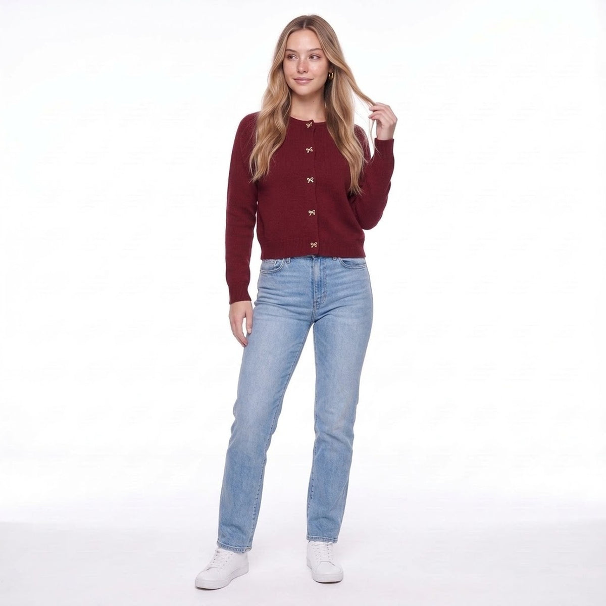 Burgundy Crew Neck Knit Cardigan with Gold Bow Buttons