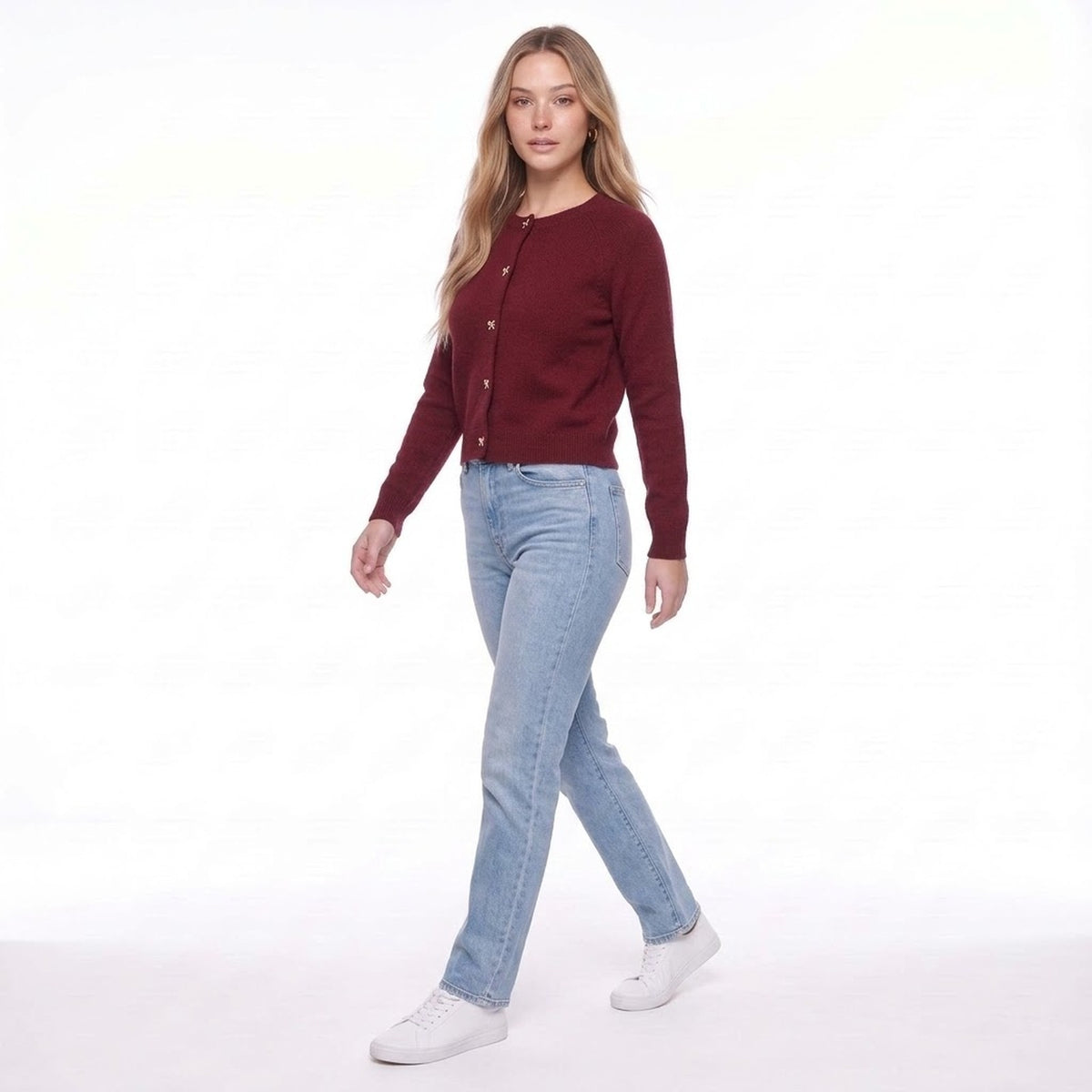 Burgundy Crew Neck Knit Cardigan with Gold Bow Buttons